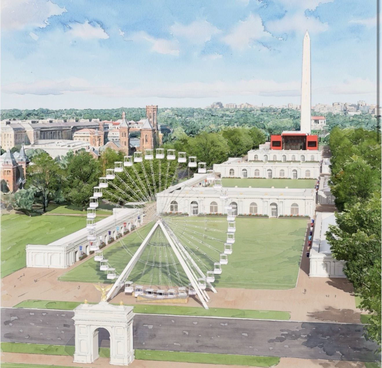 Watercolor illustration of a city park: a giant white Ferris wheel, a white classical building with a red-roofed pavilion, a tall obelisk, and lush green trees under a pale blue sky.