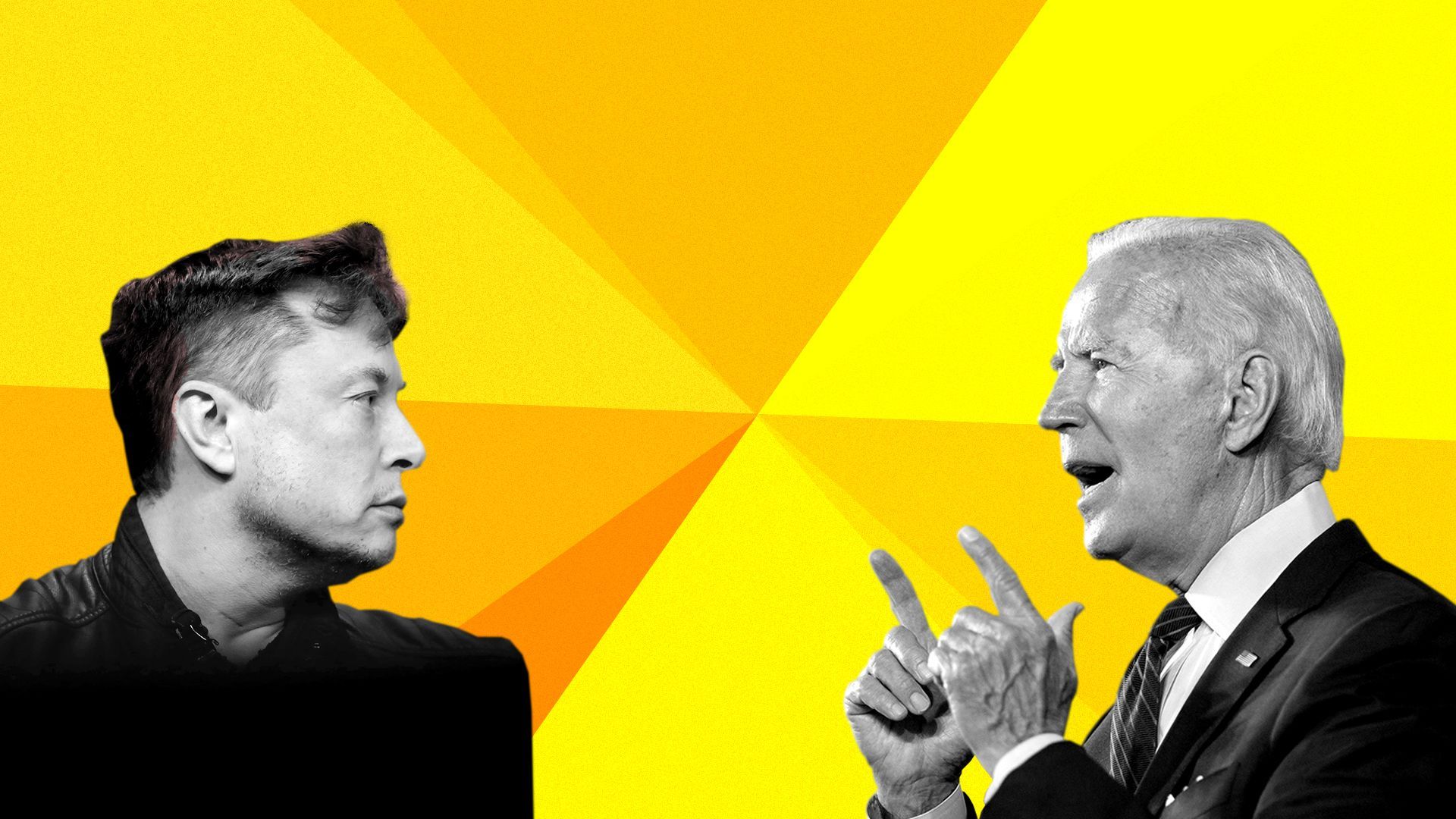 Photo illustration of Elon Musk and Joe Biden facing each other with a colorful background