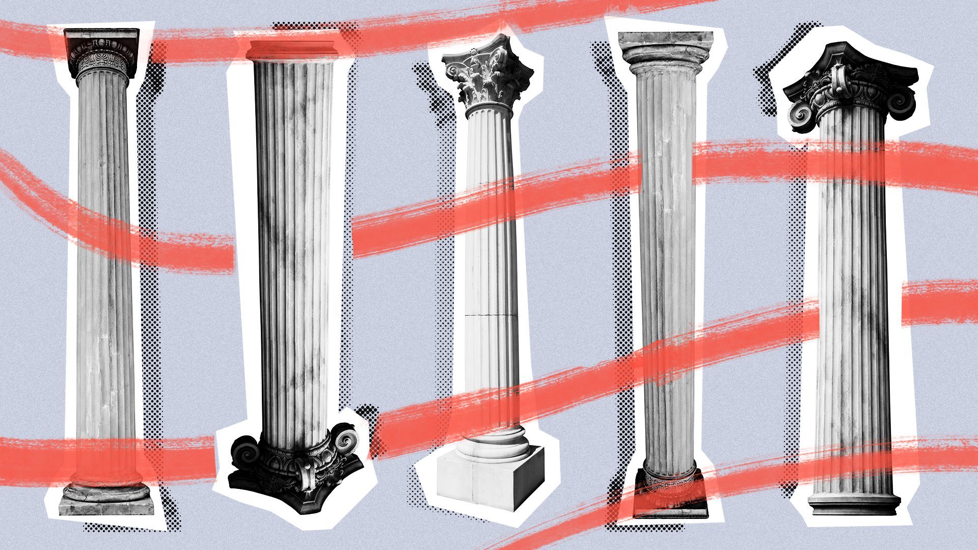 Illustration of a pattern of Greek columns, upside-down and right-side up.