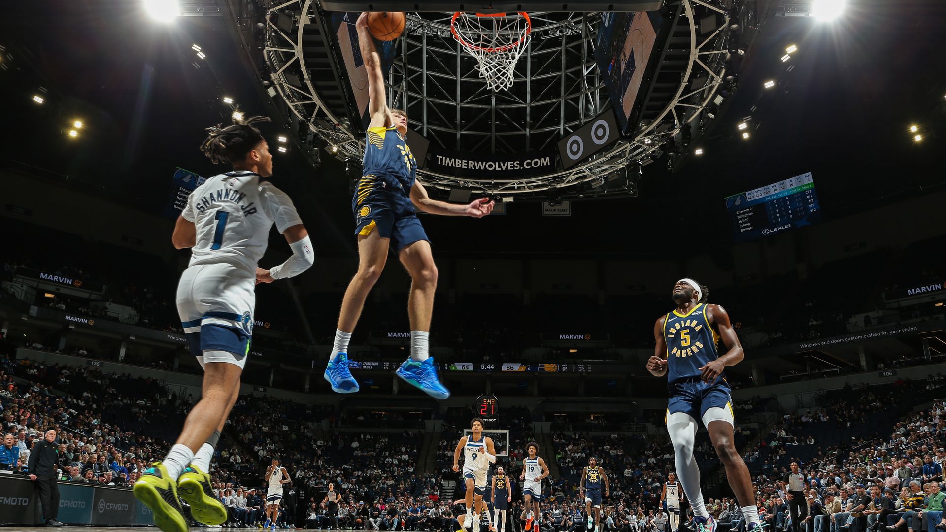 Johnny Furphy #12 of the Indiana Pacers dunks the ball during the game against the Minnesota Timberwolves during Preseason on October 7, 2025 at Target Center in Minneapolis, Minnesota. 