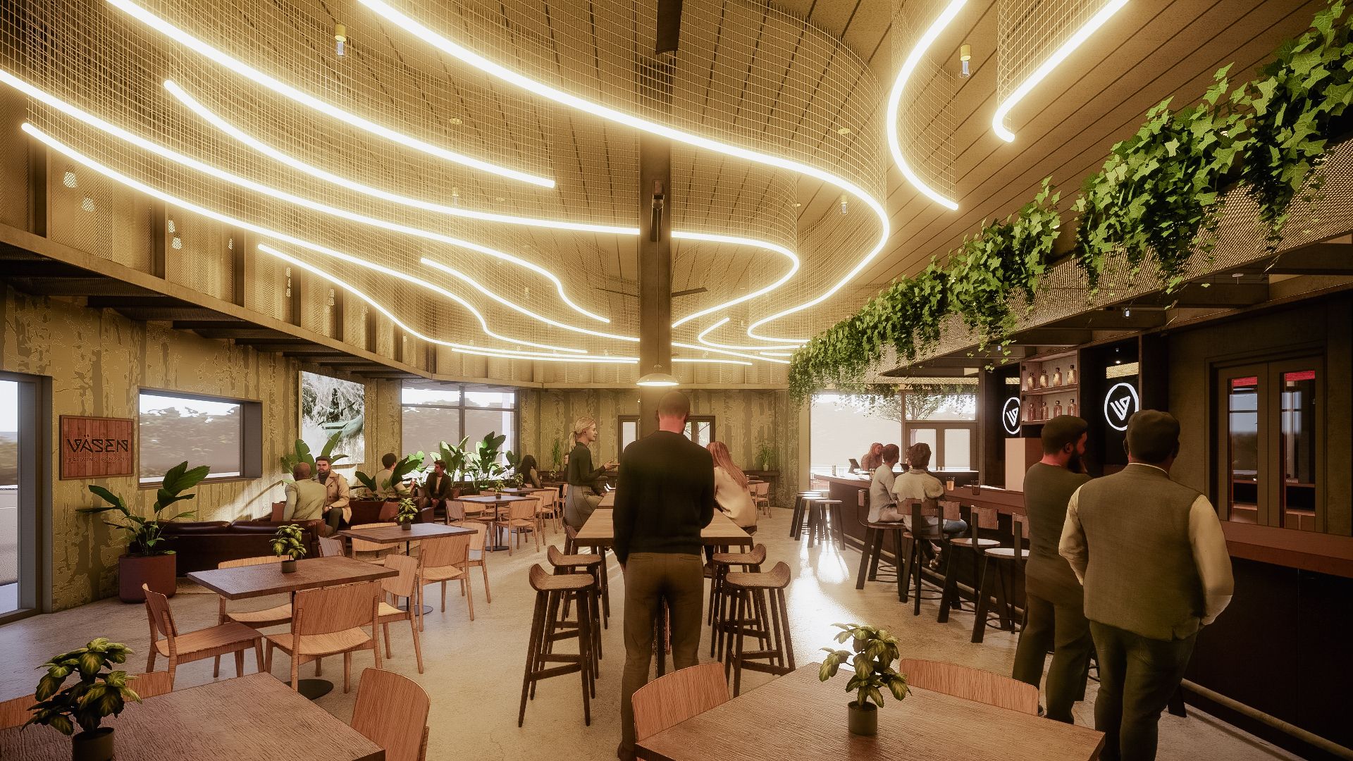 A bright and airy brewery with cool tables and chairs 