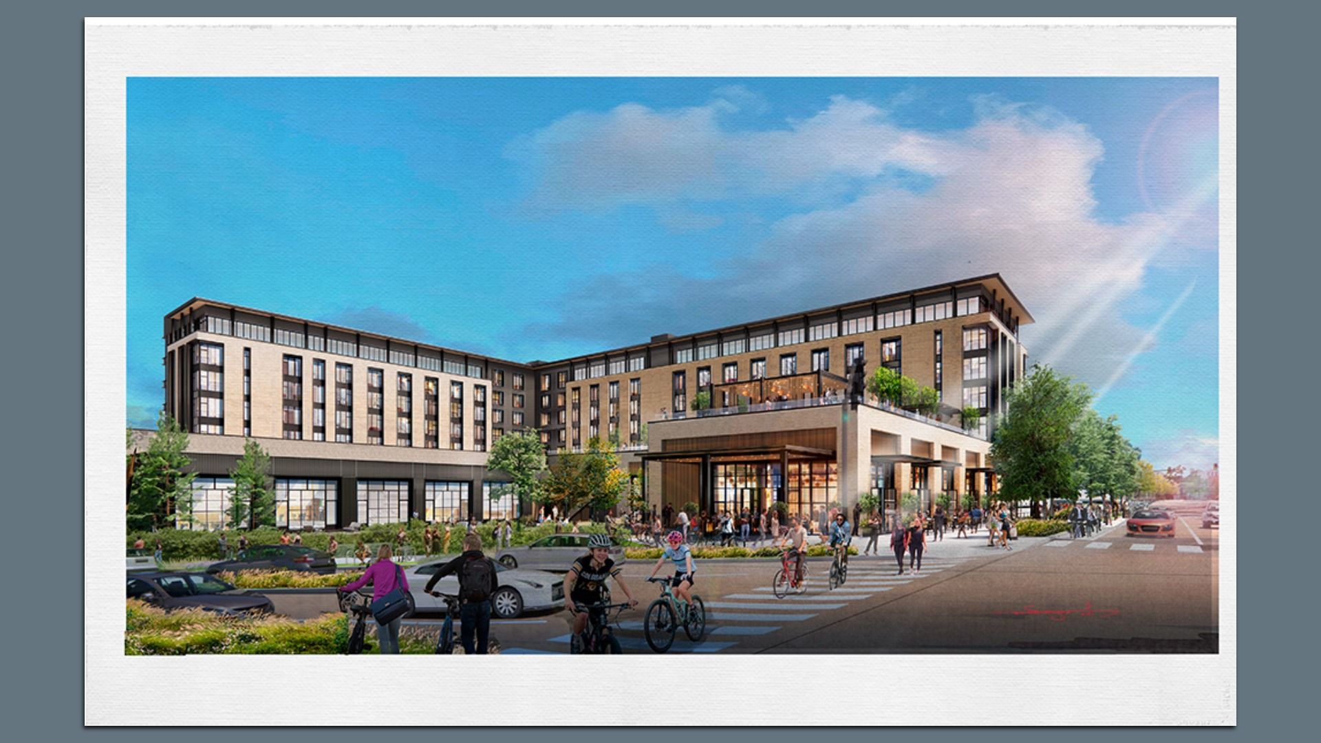 A rendering featuring the outside of the Limelight Boulder.