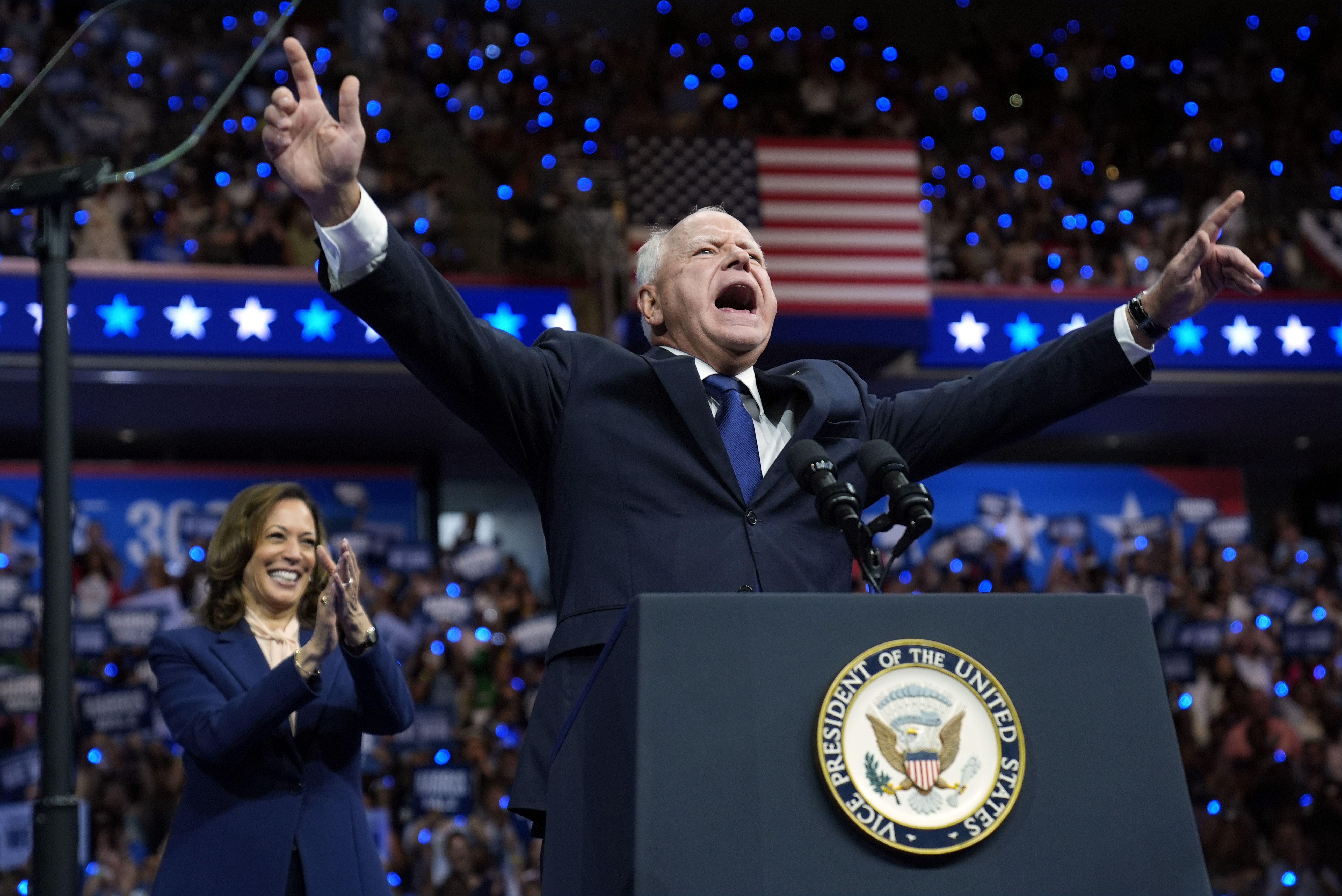 Vice President Harris and her new running mate Minnesota Gov. Tim Walz at a campaign rally in Philadelphia yesterday.