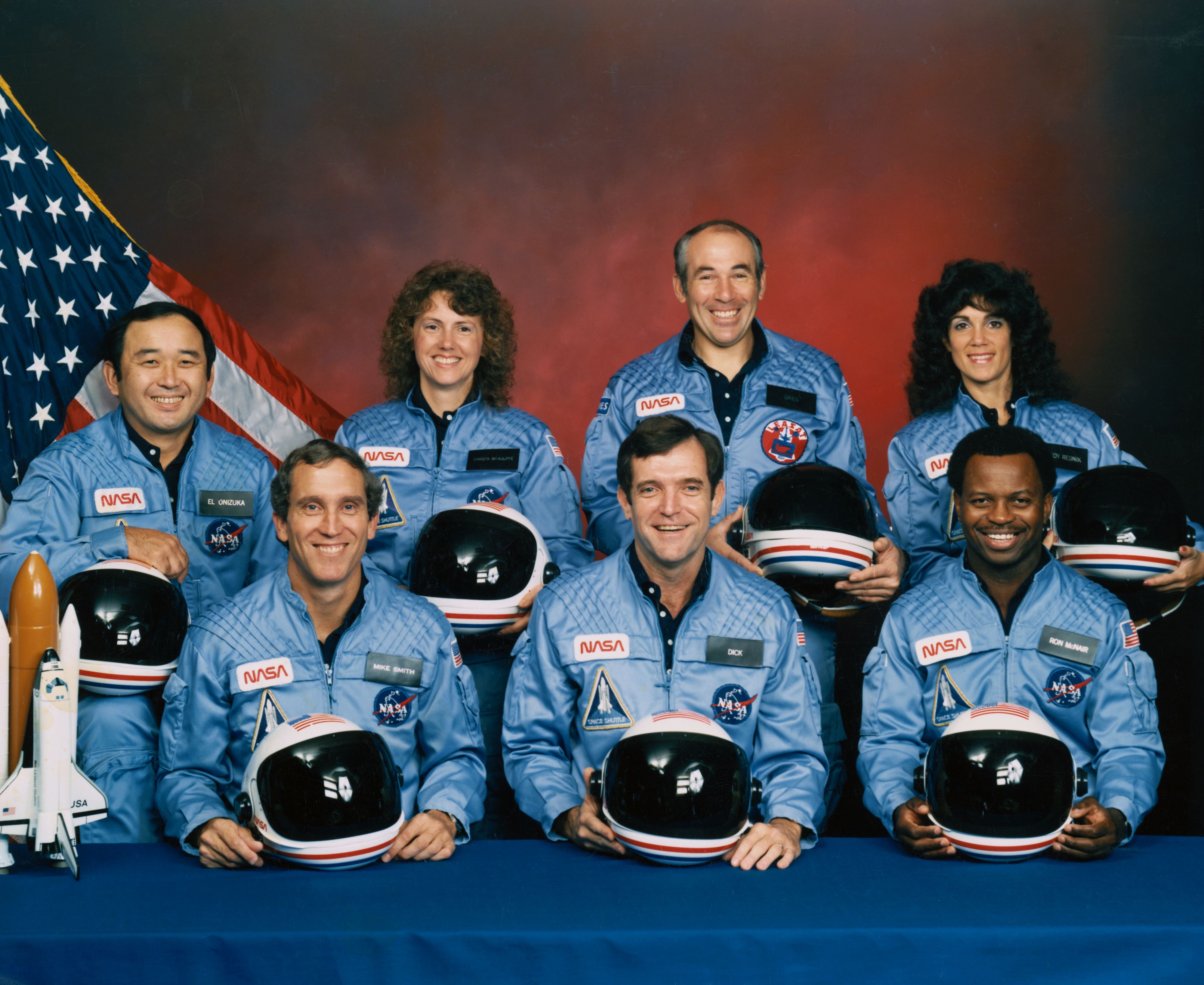 Challenger crew members Michael J. Smith, Francis R. (Dick) Scobee,  Ronald E. McNair, Ellison S. Onizuka, Sharon Christa McAuliffe, Gregory Jarvis and Judith A. Resnik. Photo: Getty Images