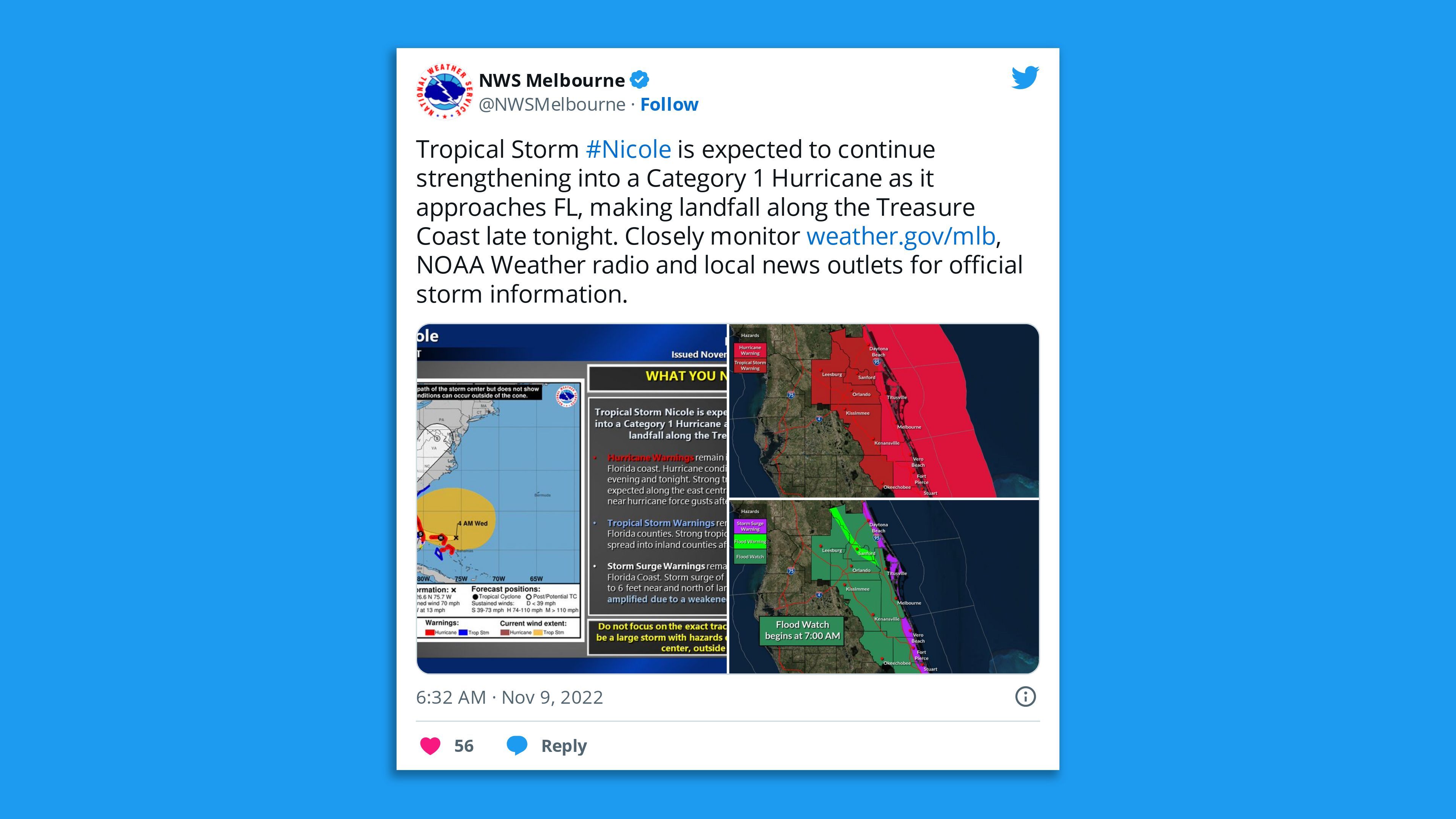 A tweet from the NWS forecast office in Melbourne, Fla. 