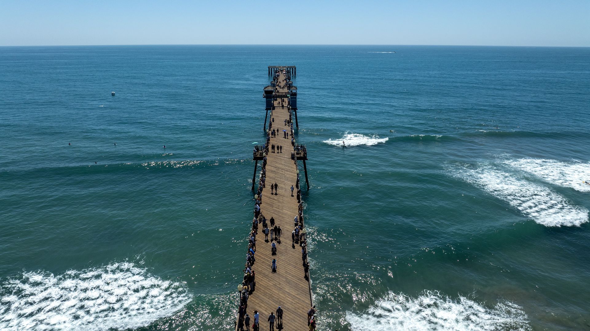 OCEANSIDE, CALIFORNIA - AUGUST 22: An aerial view of Oceanside Pier during the 2026 Super Girl Surf Festival on August 22, 2026 in Oceanside, California. (Photo by Donald Miralle/Getty Images)