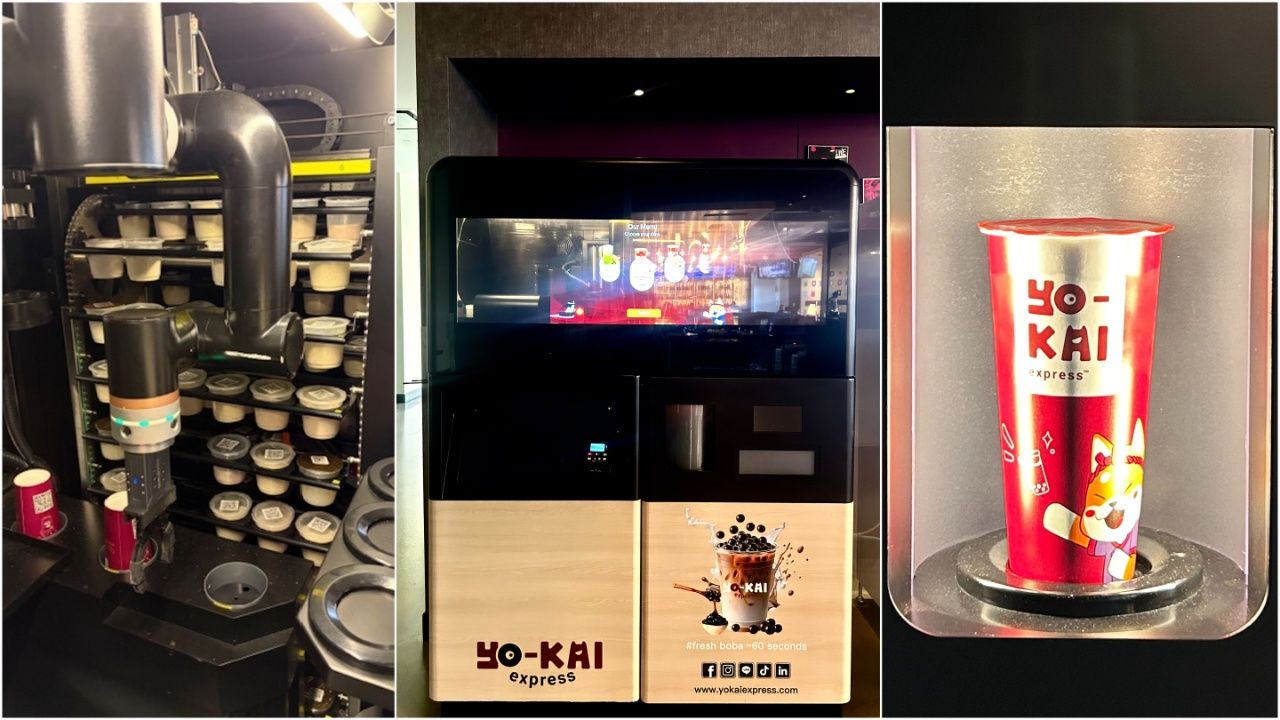 Three images of a Yo-Kai Express bubble tea vending machine: robotic arm with cups, front view of the machine with menu, and a red cup with the logo inside the dispenser.