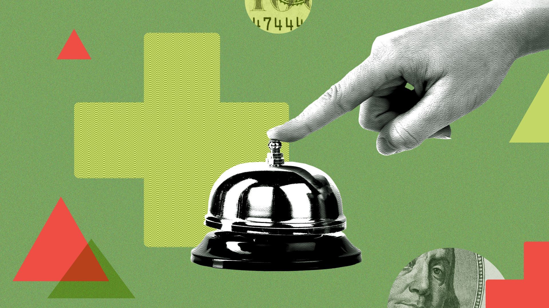 Illustration of a hand pushing a concierge bell, surrounded by money and colorful shapes.