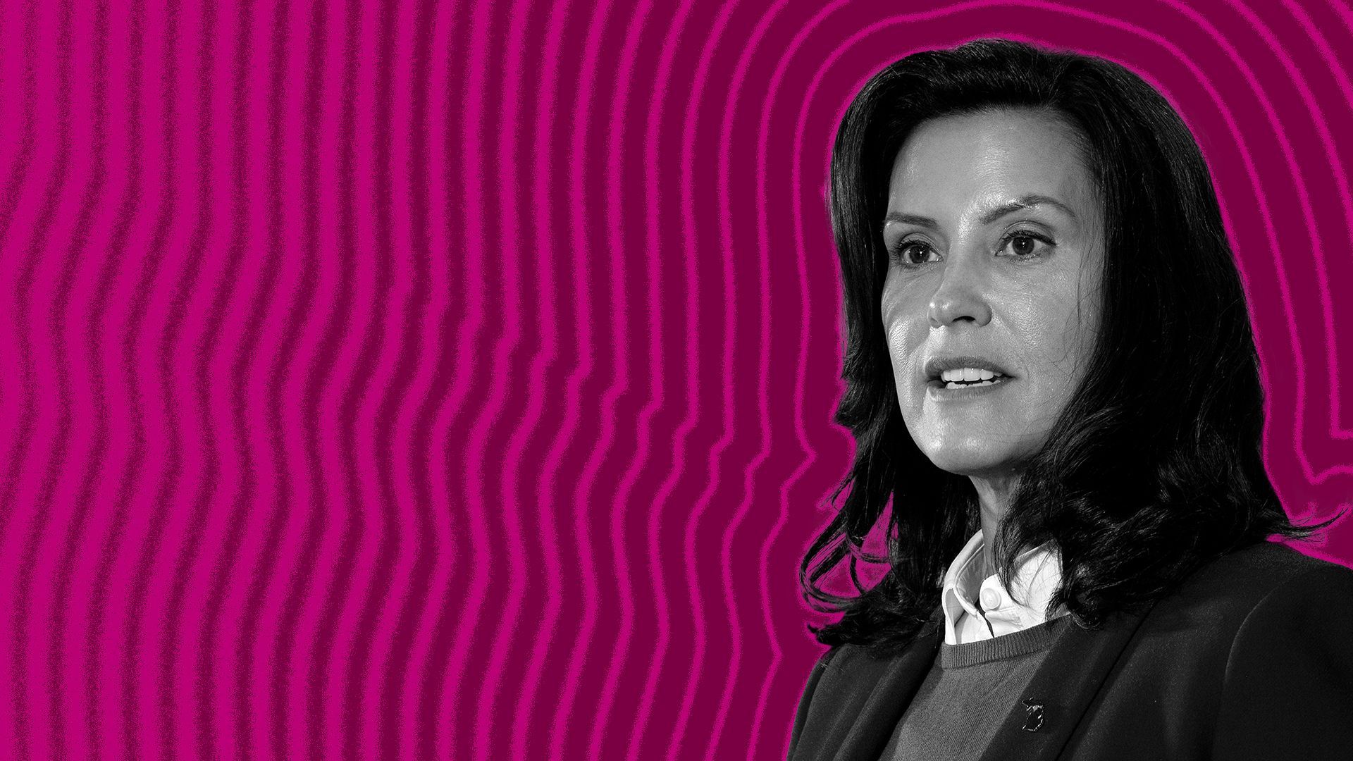 Illustration of Michigan governor, Gretchen Whitmer, with lines radiating from around her.