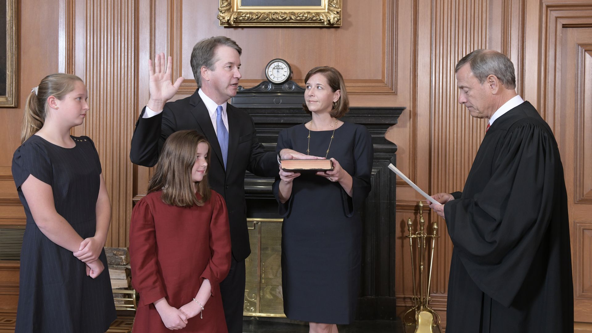 Chief Justice John G. Roberts, Jr., administers the Constitutional Oath to Judge Brett M. Kavanaugh at the Supreme Court. Photo: Fred Schilling/Supreme Court of the United States via Getty Images