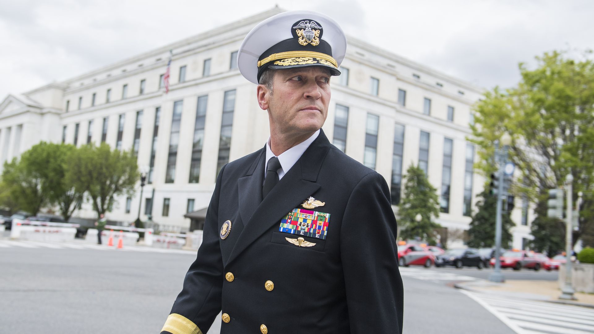 Rear Adm. Ronny Jackson, nominee for Veterans Affairs secretary, leaves Dirksen Building after a meeting on Capitol Hill.