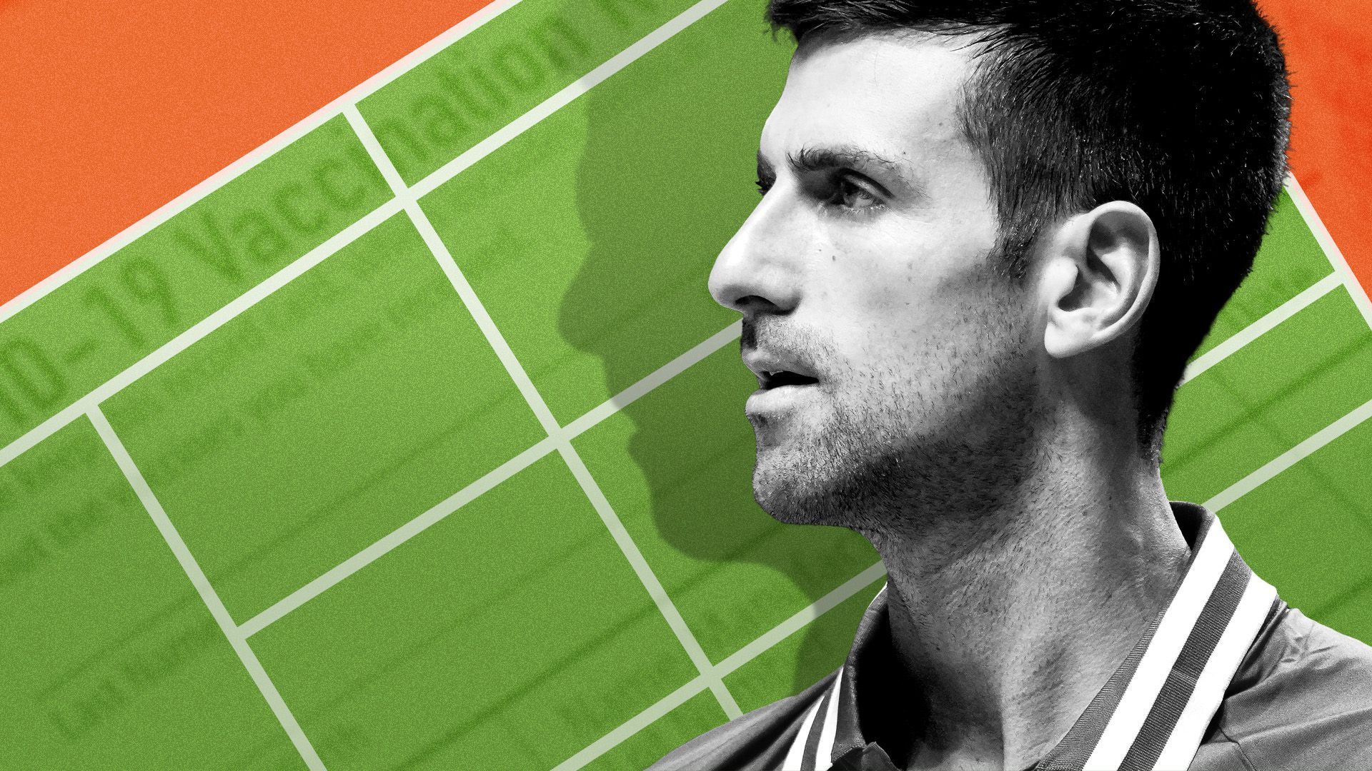 Photo illustration of Novak Djokovic over a tennis court and a vaccine record