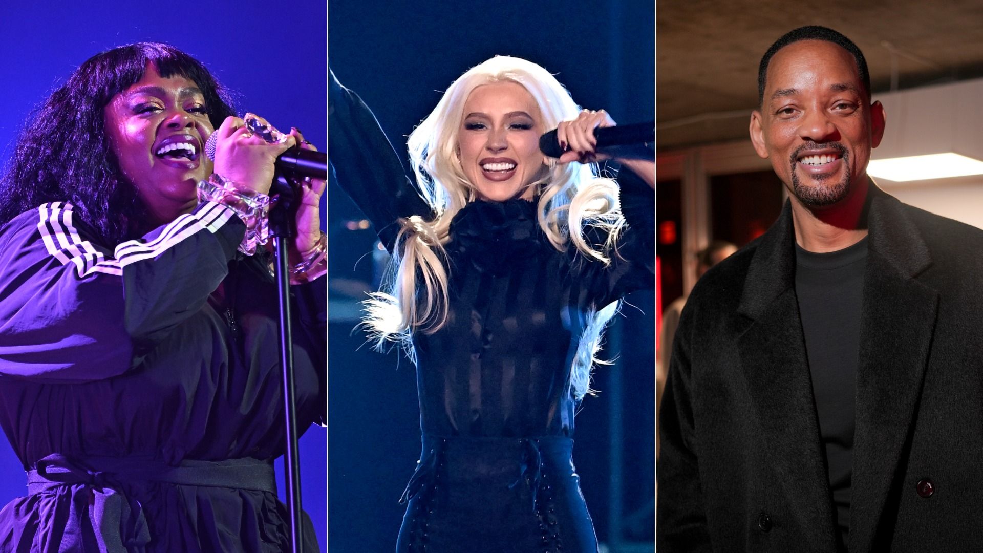 Triptych of three performers: left a smiling woman sings into a mic under purple light; center a blonde in black with a mic under blue light; right a man in a black coat smiles backstage.