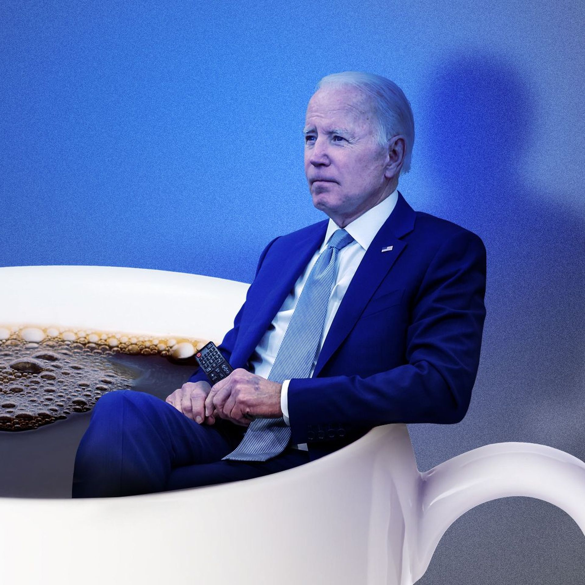 Photo Illustration of Joe Biden sitting in a large cup of coffee with the glow of a screen projected onto him