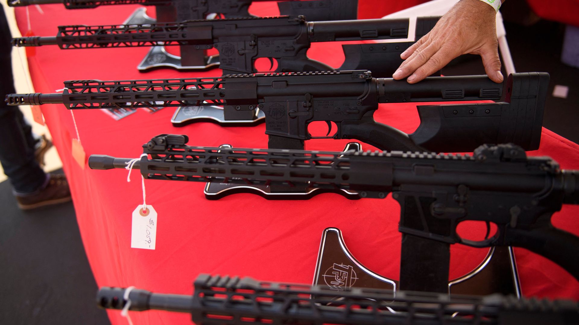 A TPM Arms LLC California-legal featureless AR-15 style rifle is displayed at the Crossroads of the West Gun Show at the Orange County Fairgrounds on June 5, 2021 in Costa Mesa, California. 