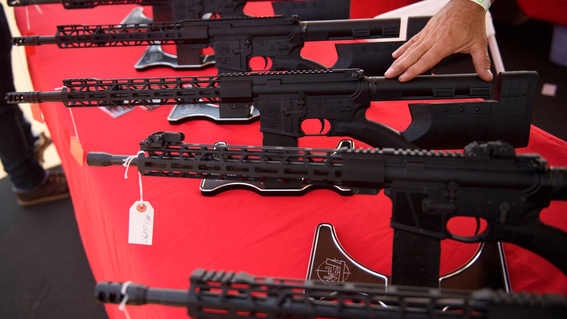 A TPM Arms LLC California-legal featureless AR-15 style rifle is displayed at the Crossroads of the West Gun Show at the Orange County Fairgrounds on June 5, 2021 in Costa Mesa, California.