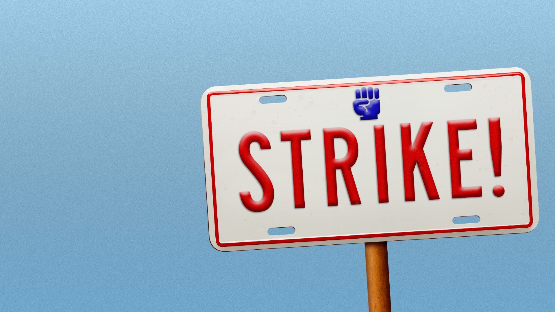 Illustration of a license plate that reads "strike!" as a protest sign