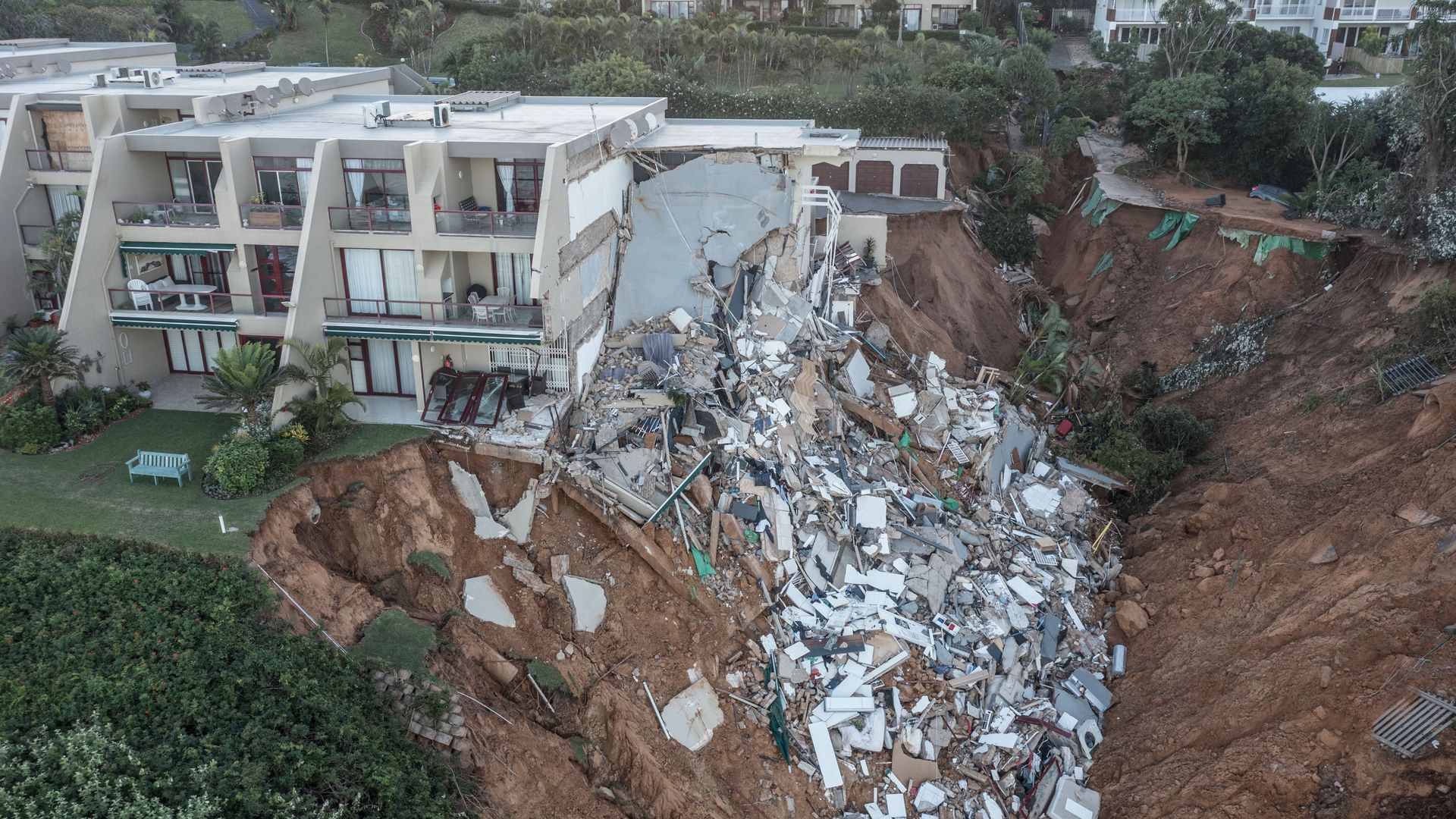 This aerial view shows the destruction at Umdloti beach north of Durban, on April 14