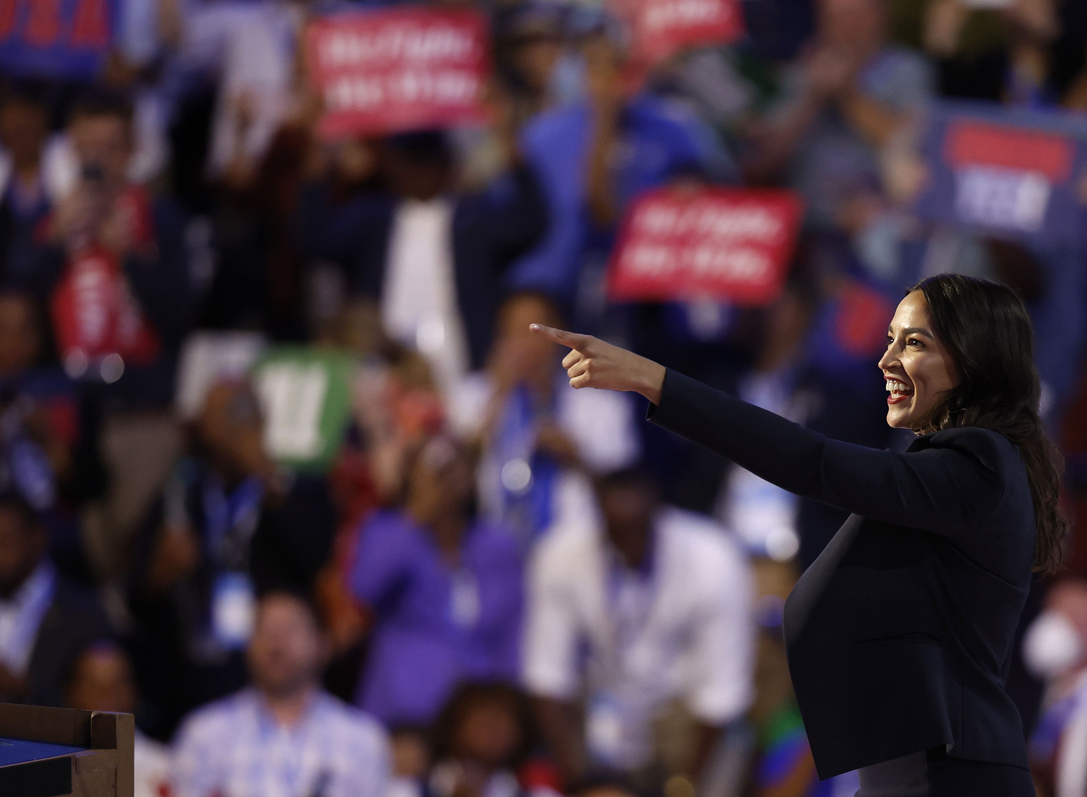 Rep. Alexandria Ocasio-Cortez (D-NY) speaks onstage during the first day of the Democratic National Convention at the United Center on August 19, 2024 in Chicago, Illinois. 