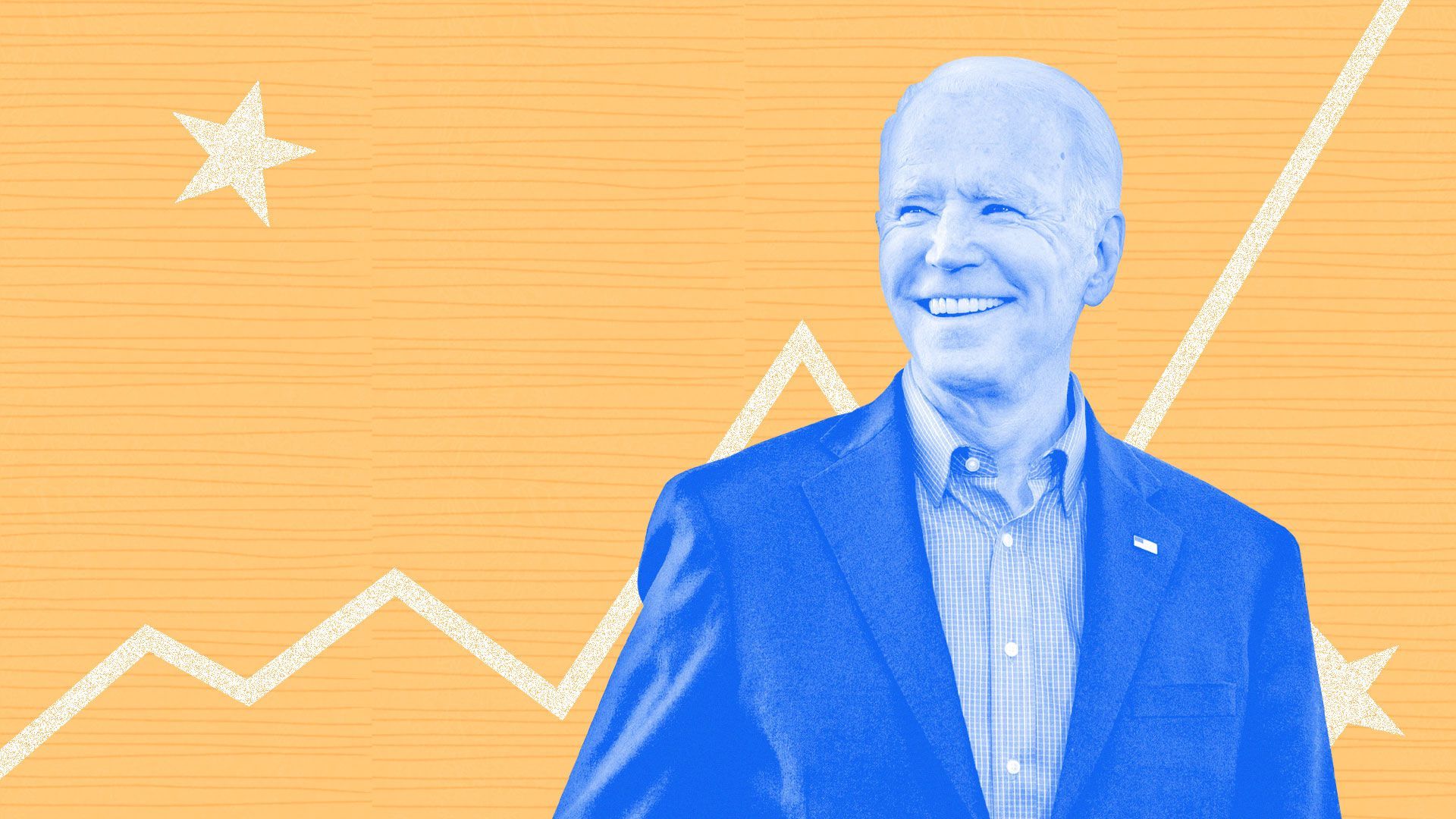 Photo illustration of Joseph Biden smiling with an upwards trending line and stars