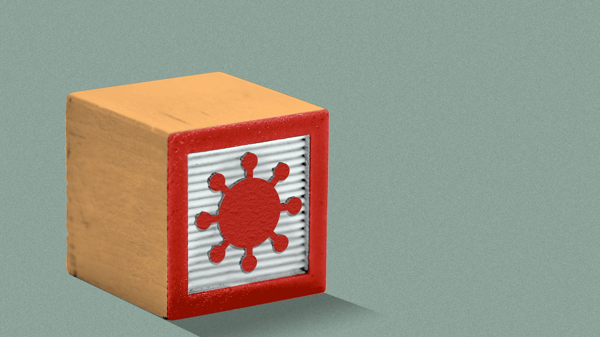 Illustration of a kids' building block toy with a covid particle on the side.