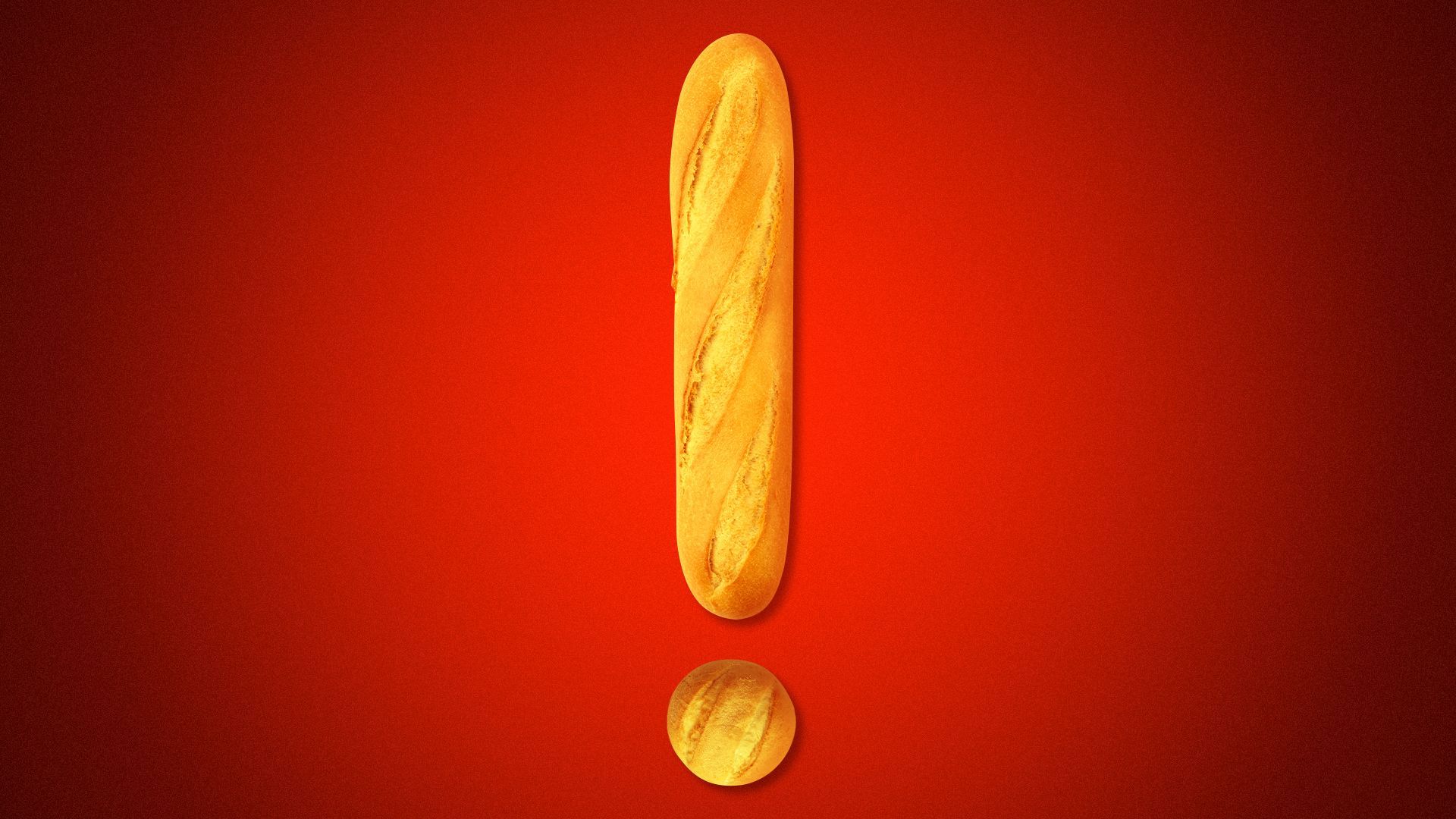 Illustration of an exclamation point made out of a baguette and a dinner roll. 