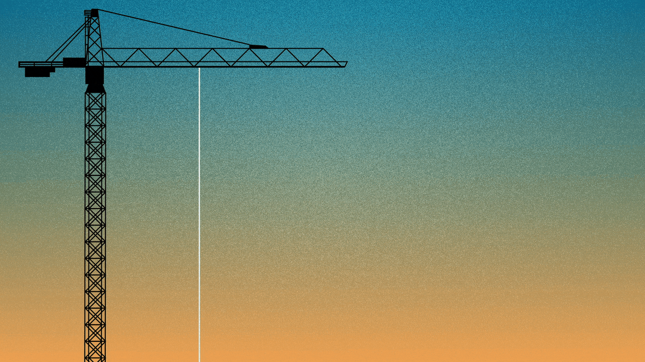 Illustration of a construction crane lifting another crane, which is lifting another crane, which is lifting another crane.