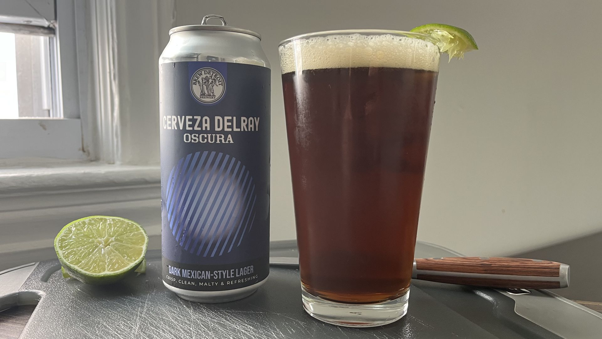 A pint of Brew Detroit's Cerveza Delray Oscura beer. 