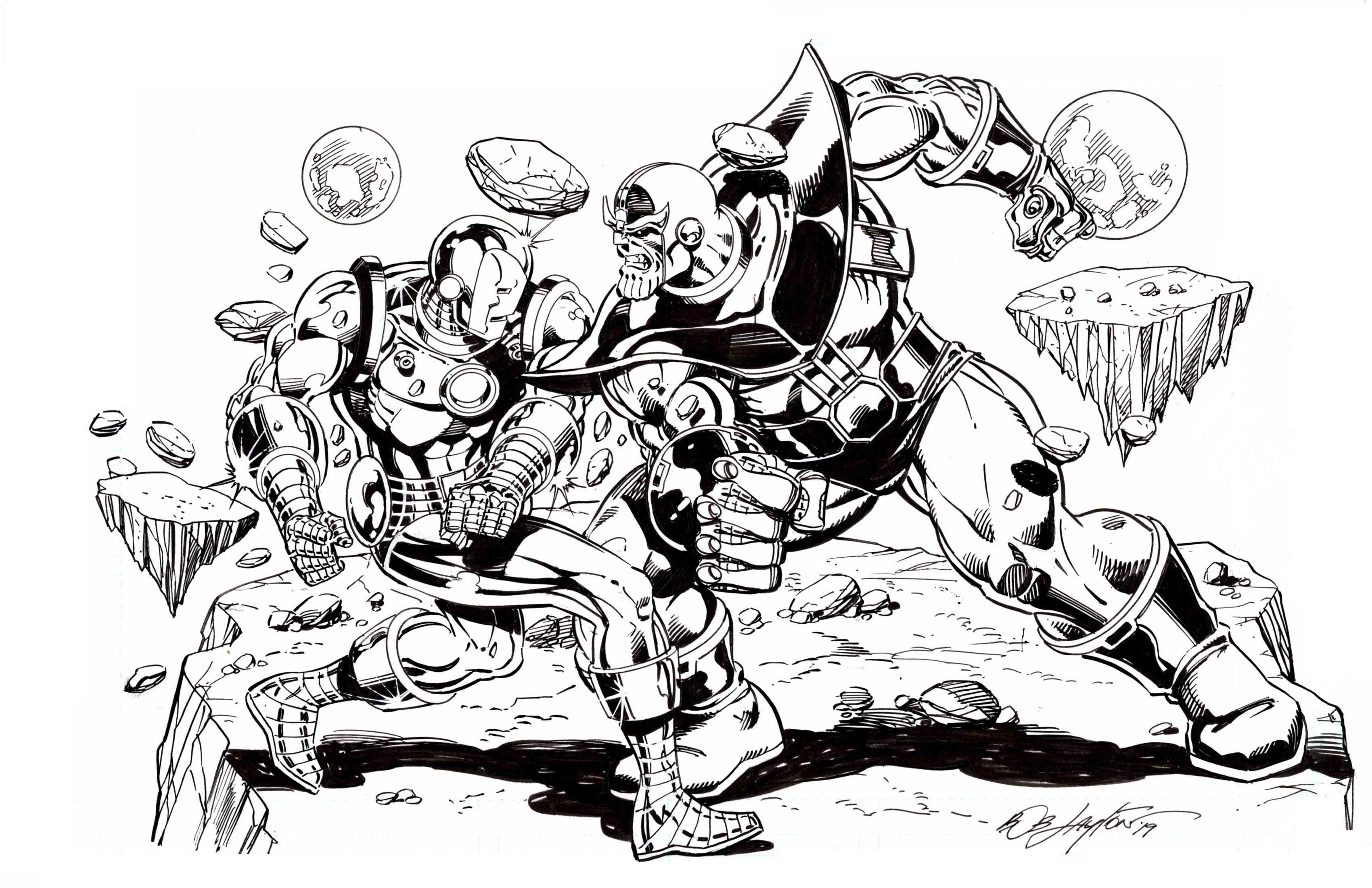 black and white illustration of Iron Man fighting Thanos