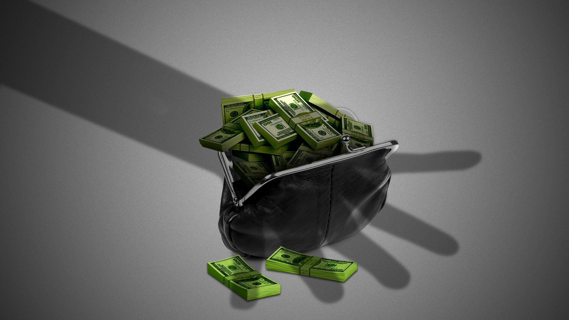 Illustration of a coin purse full of stacks of money with a shadow of a hand hovering over it menacingly. 