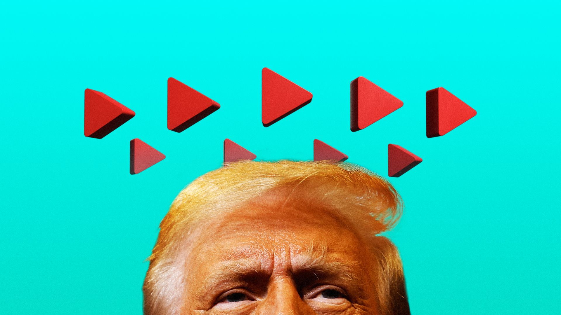 Photo illustration of play icons circling above President-elect Donald Trump's head.