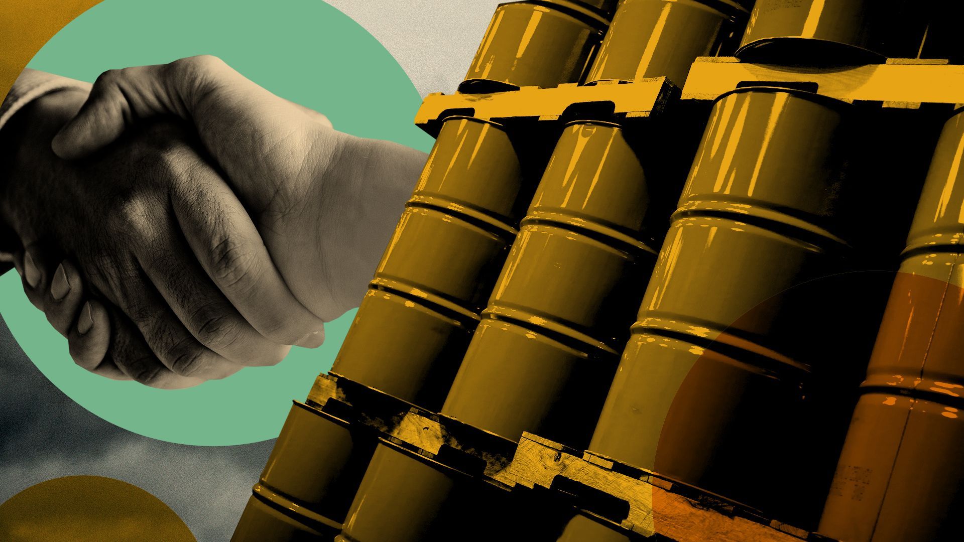 Illustration of a handshake in a graphic circle next to stacks of oil barrels