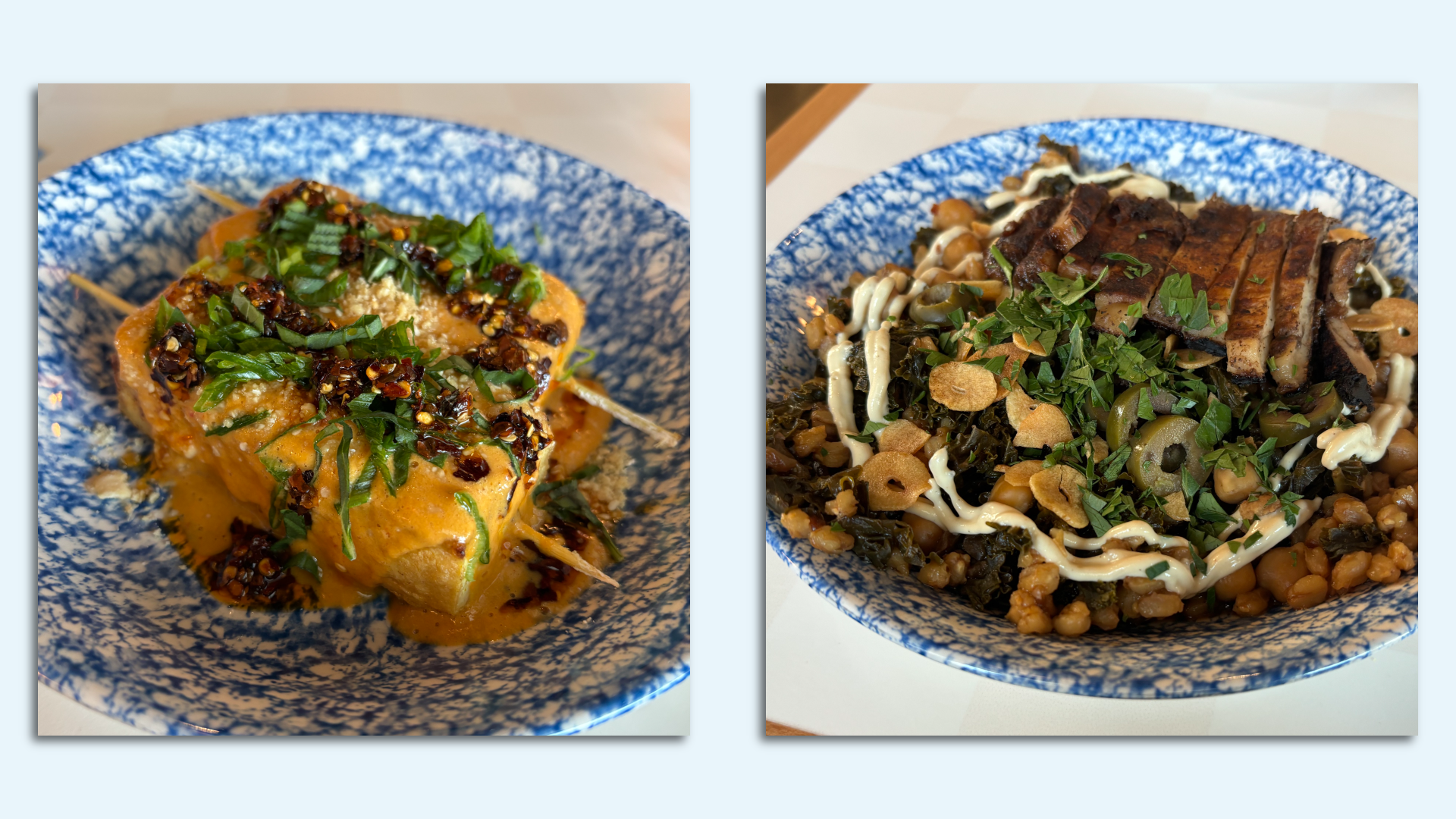 Side by side photos of a tofu satay and a grains bowl
