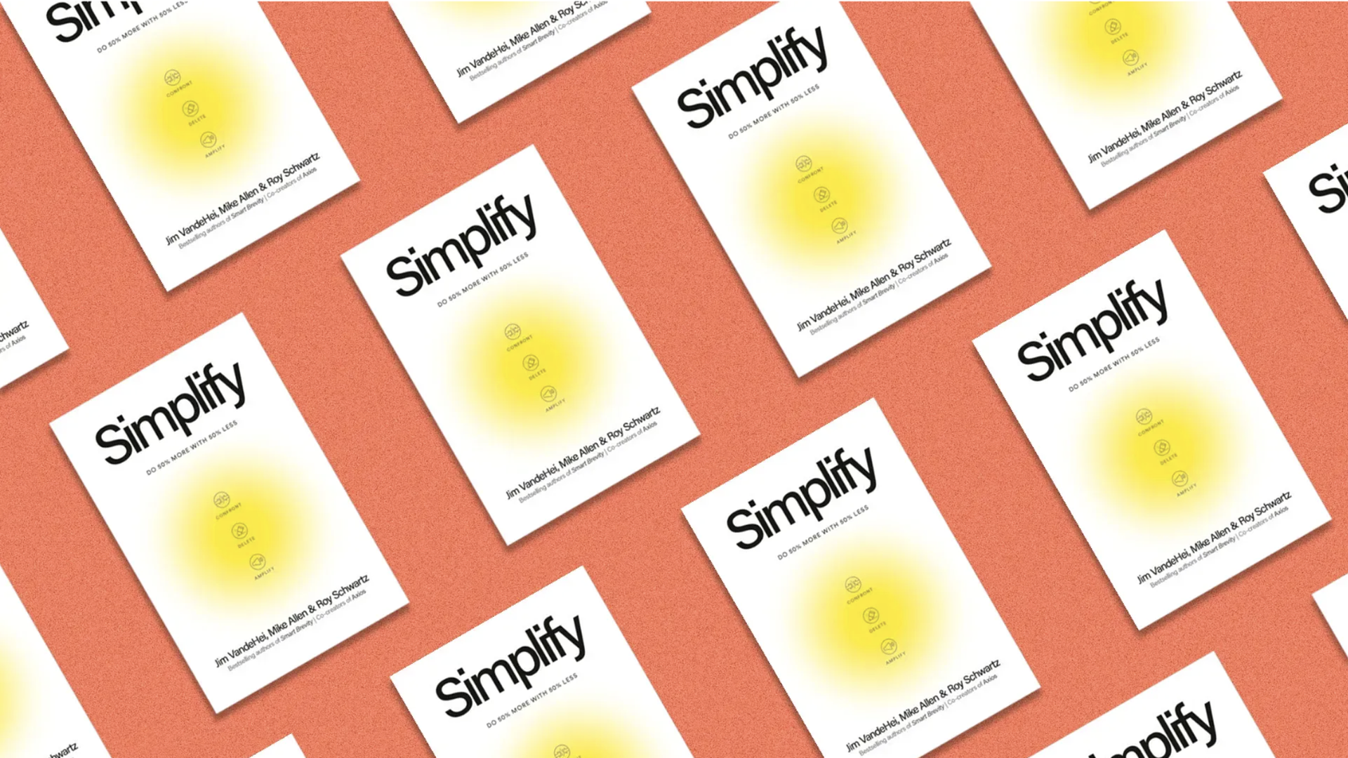 Pattern of "Simplify" book covers scattered diagonally on an orange background, each with a bold black title and a yellow glowing circle