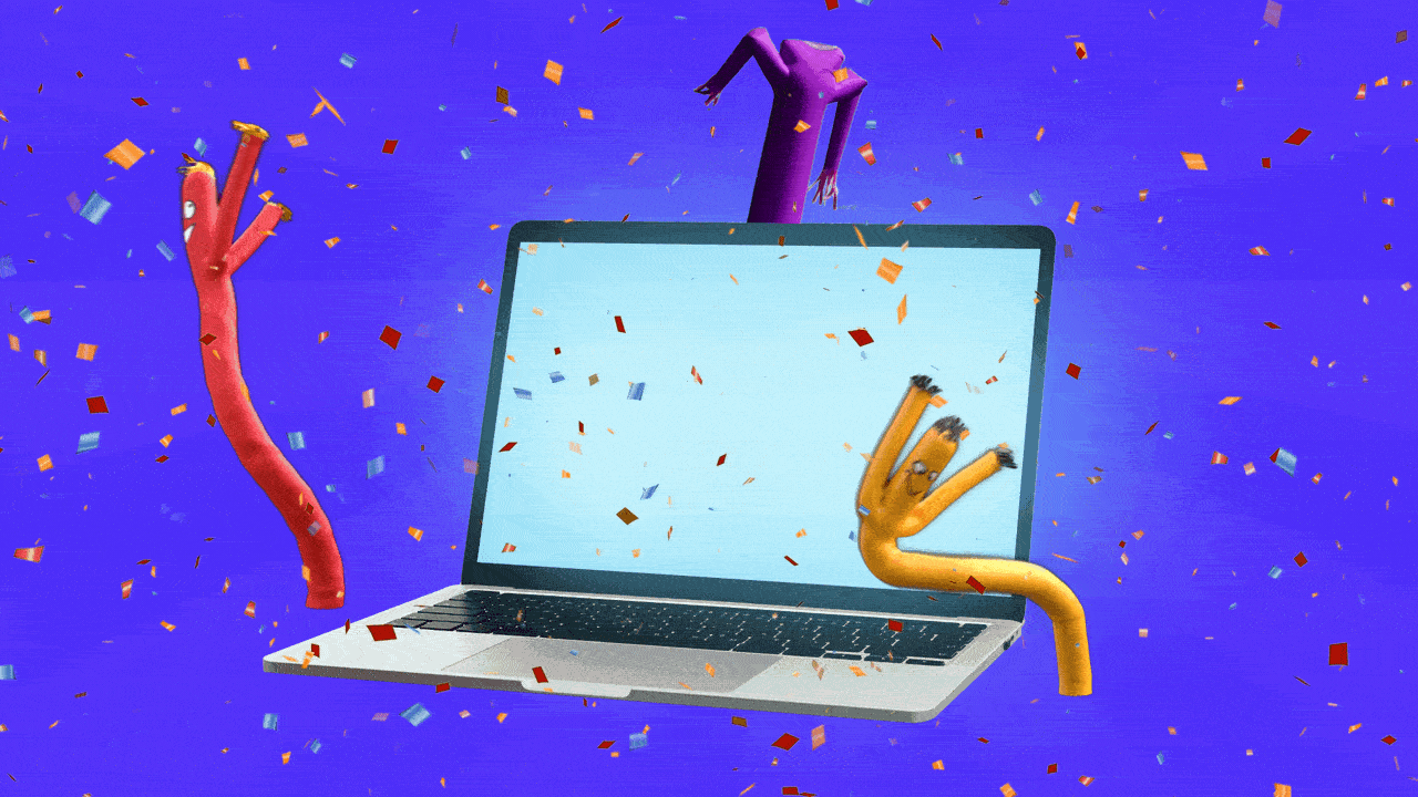 An animated maximalist illustration of skydancers and confetti around a laptop. 