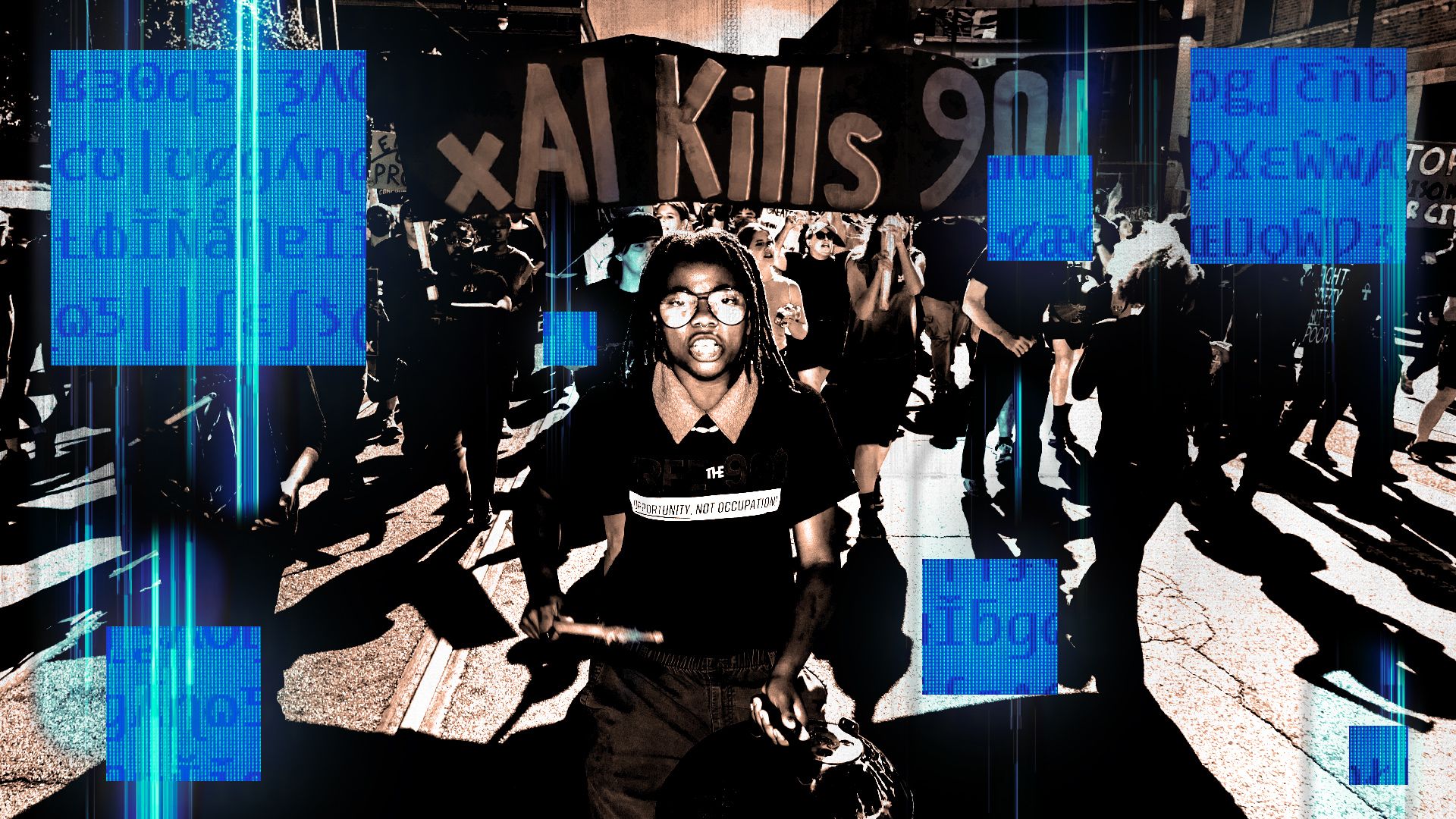 Photo illustration of anti-AI environmental protestors overlaid with glitching binary symbols and textures. 