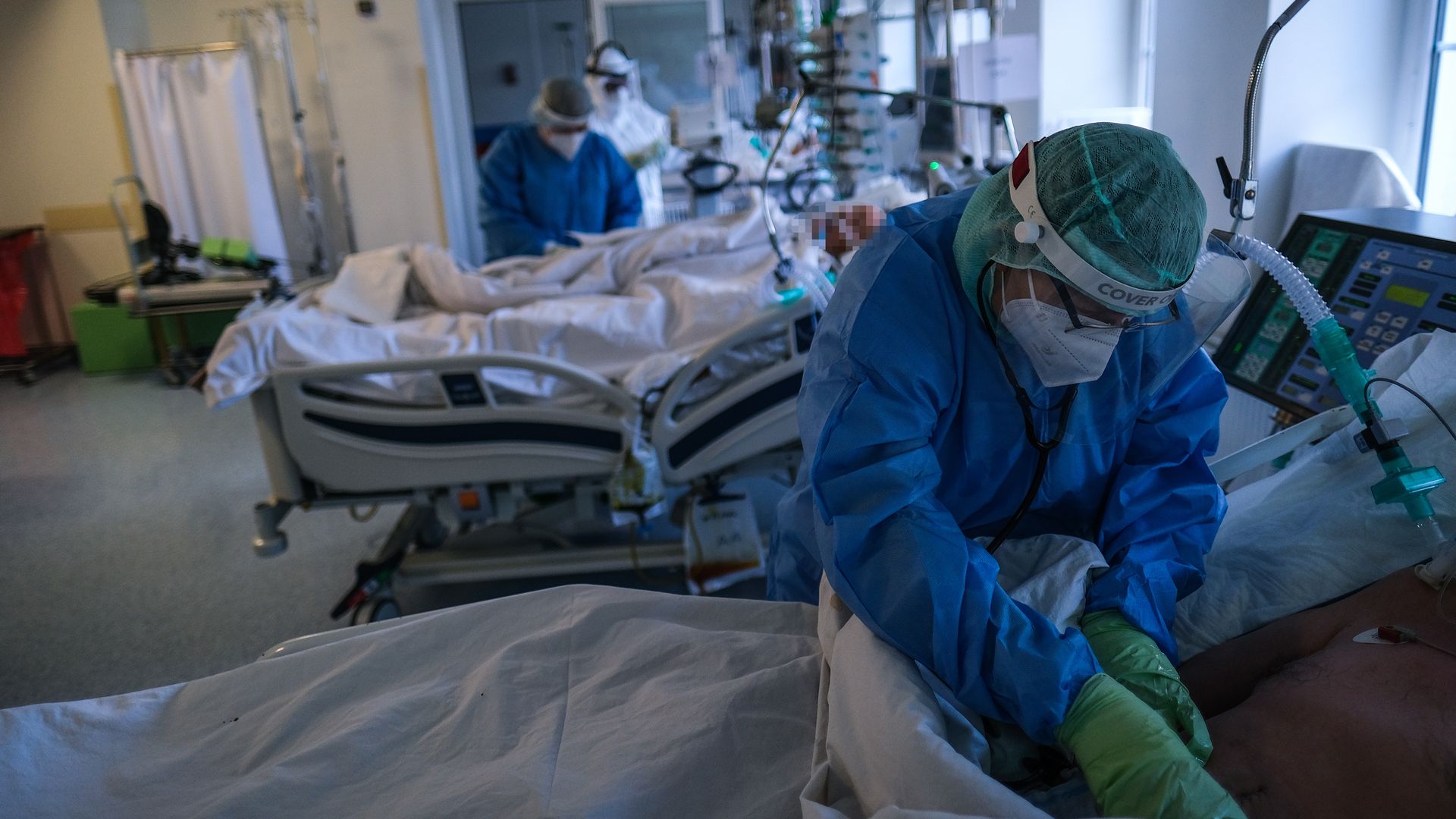 Medical workers inside of an intensive care unit in Bochnia, Poland, on March 18.