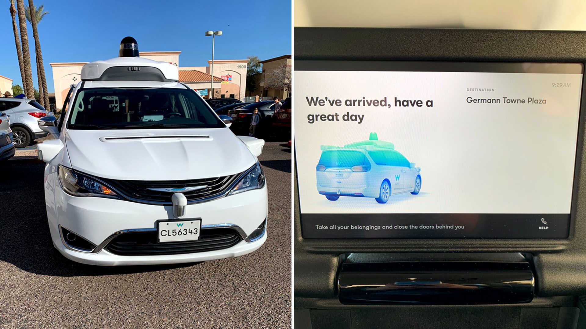 Images of interior and exterior of driverless Waymo van. 