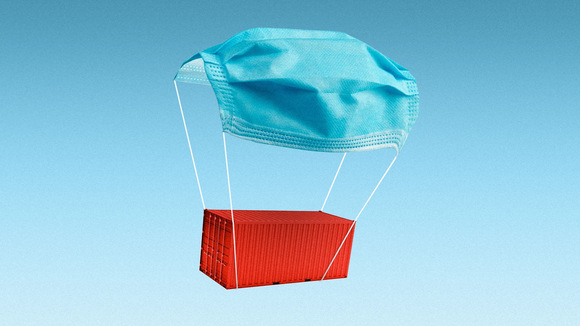 Illustration of a shipping container with a surgical mask as a parachute.