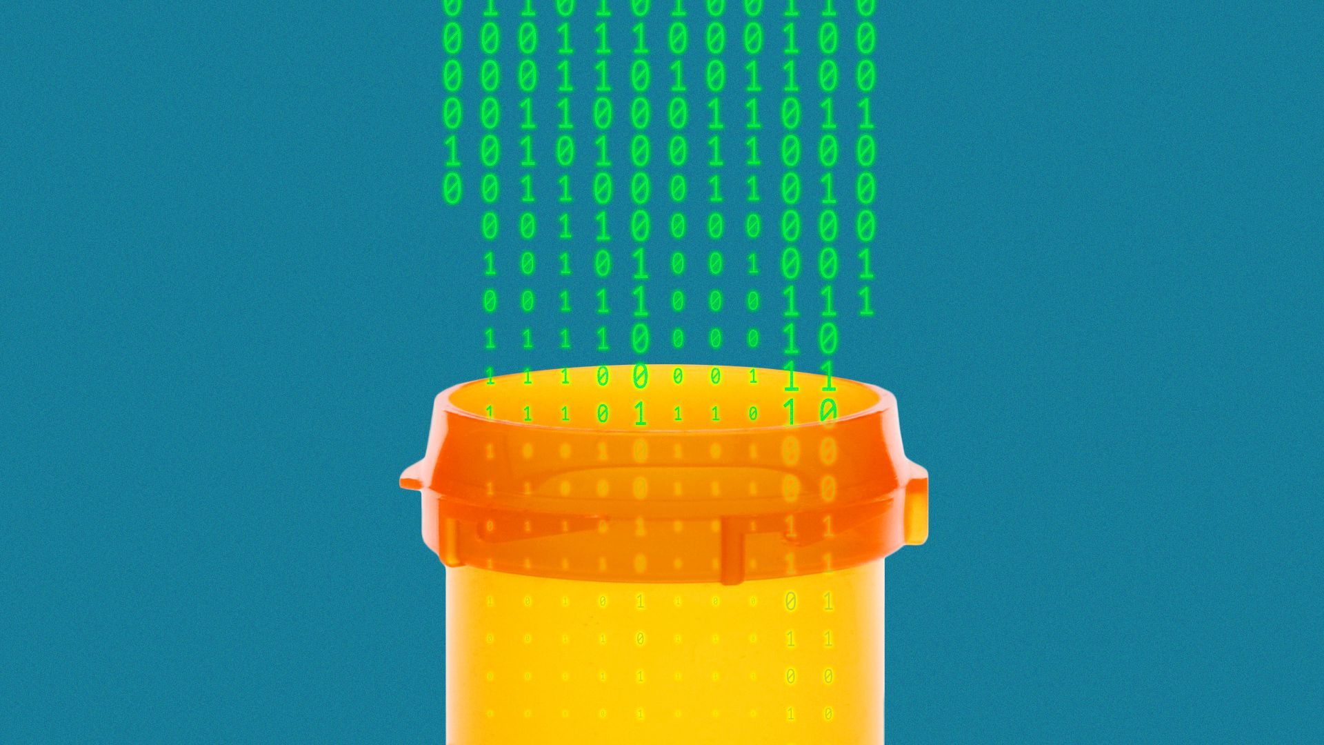 Illustration of binary code falling into a prescription pill bottle.