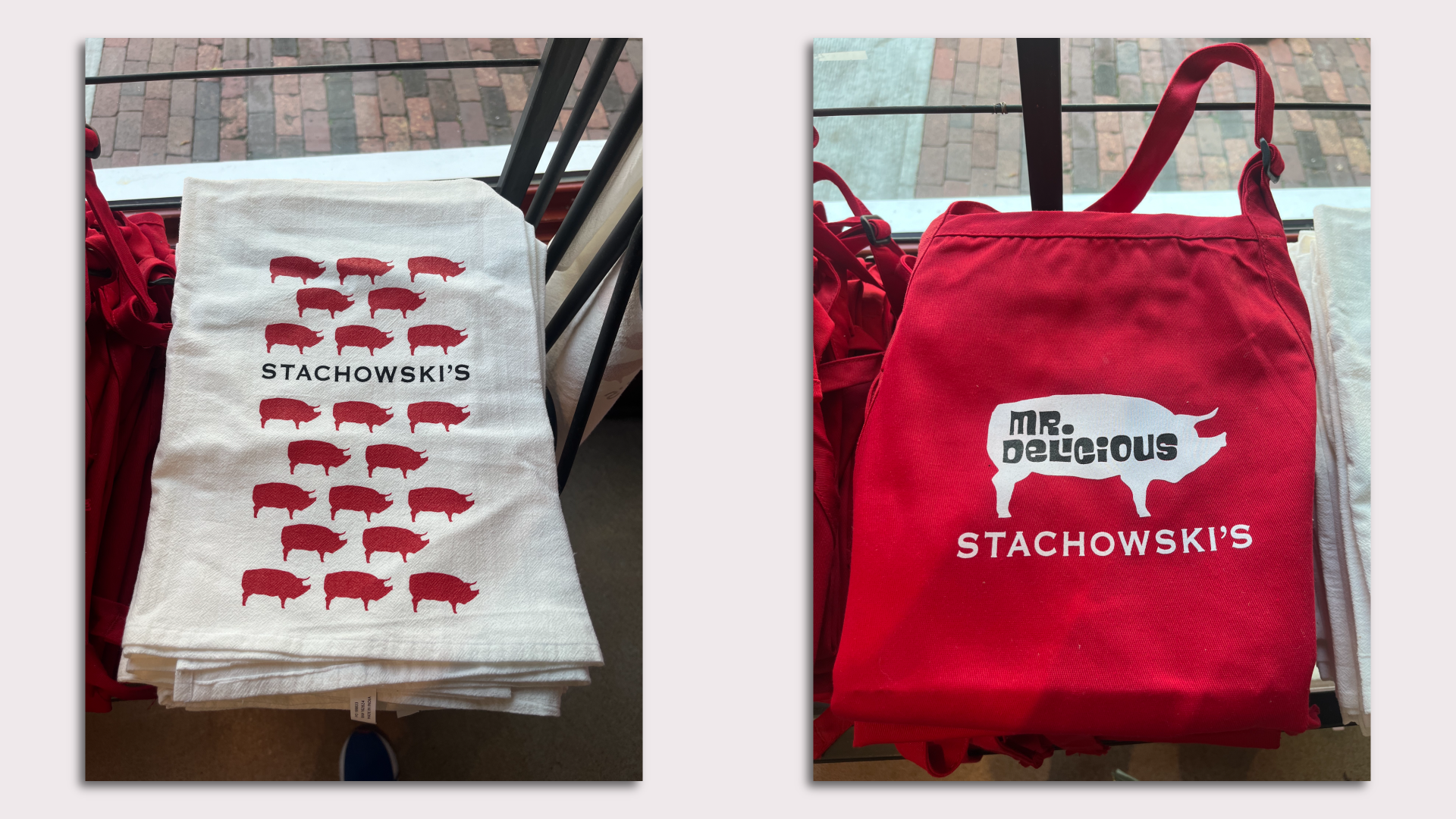Red and white pig towels and a red apron that says "Mr. Delicious Stachowski's"