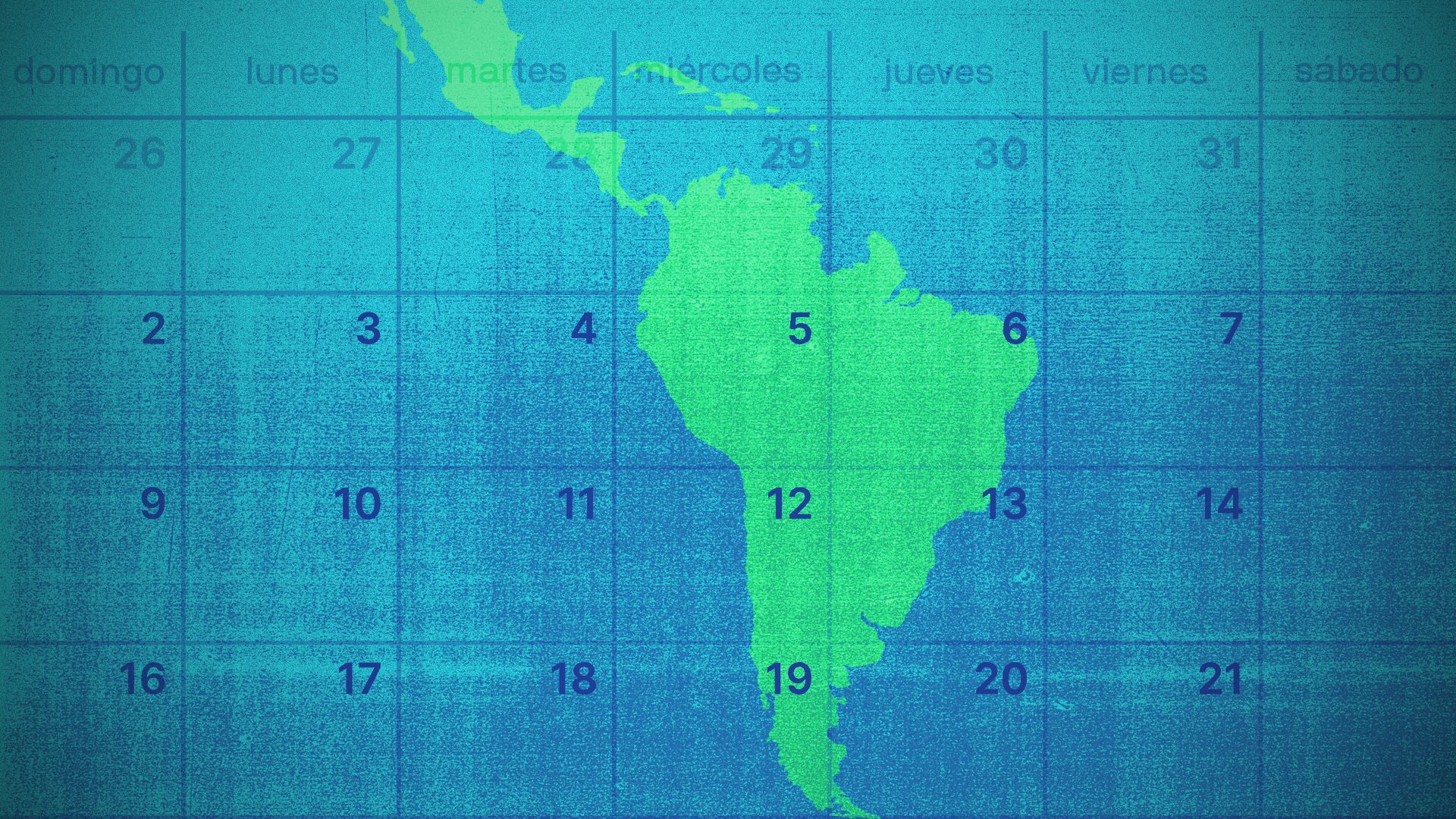 Illustration of a map of Mexico, Central and South America on a calendar page.