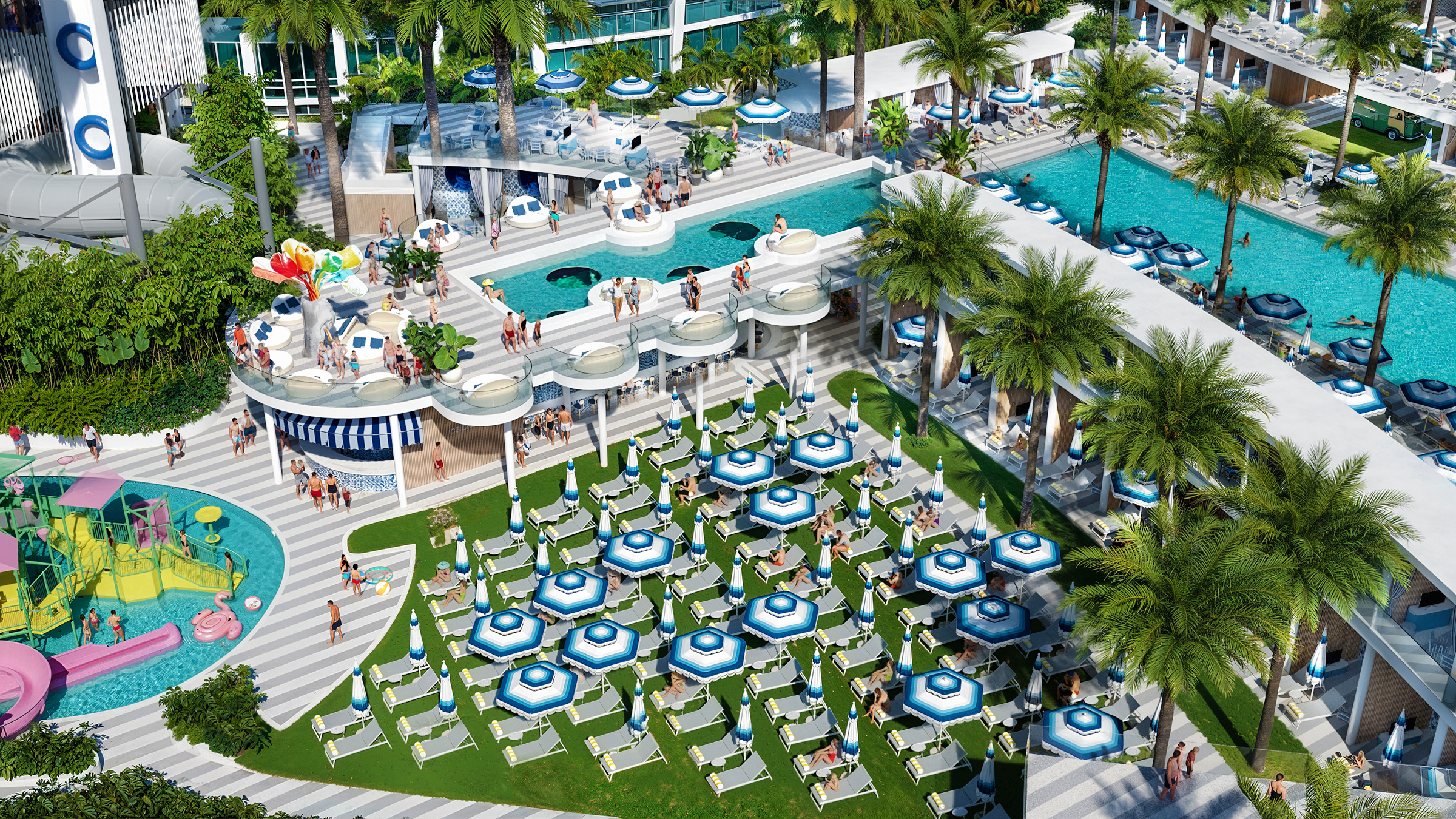 A vibrant outdoor pool area with many blue and white umbrellas, lounge chairs, palm trees, a water slide, and people enjoying the sunny resort environment.