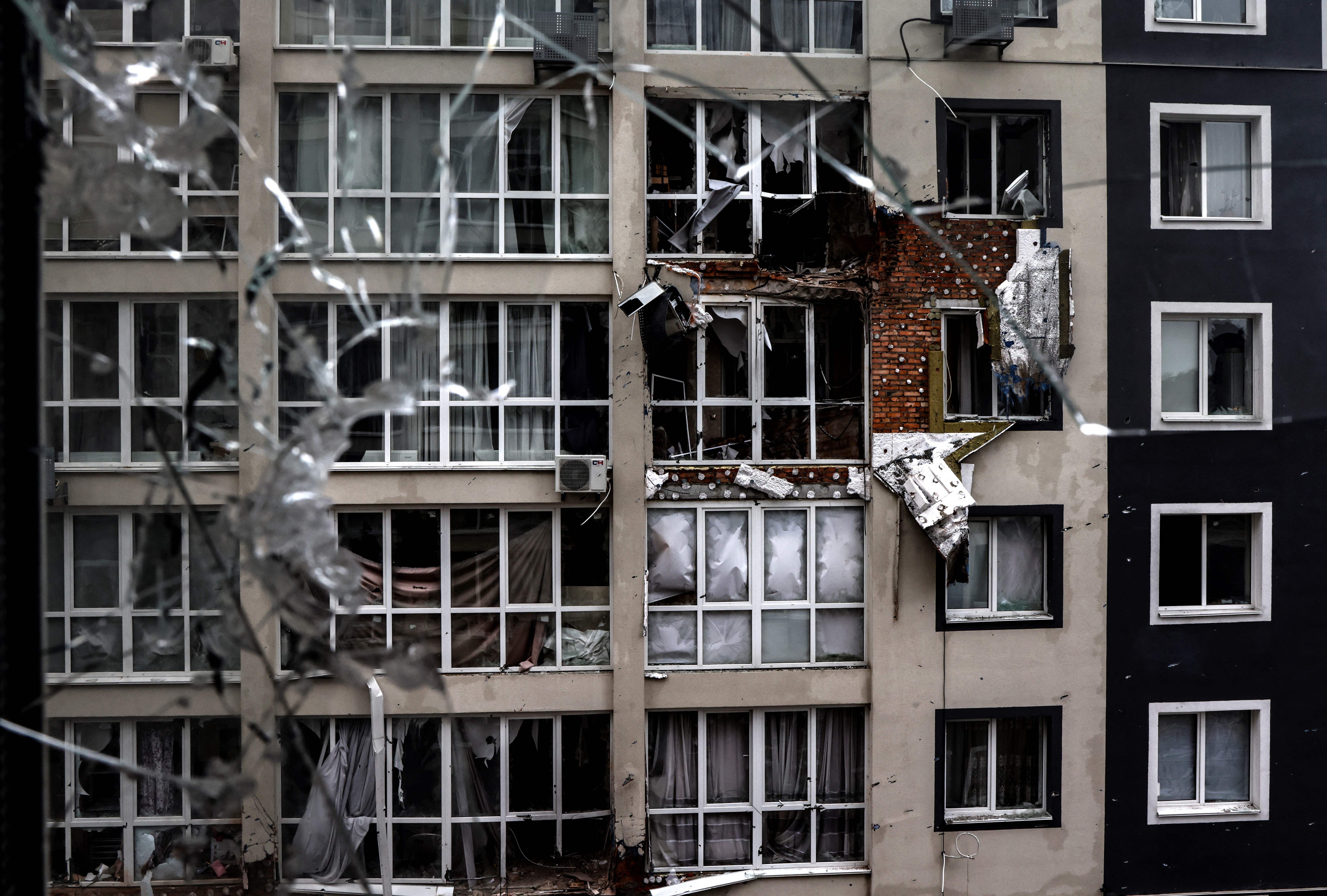 A destroyed building is pictured in Bucha, northwest of Kyiv, on April 2.