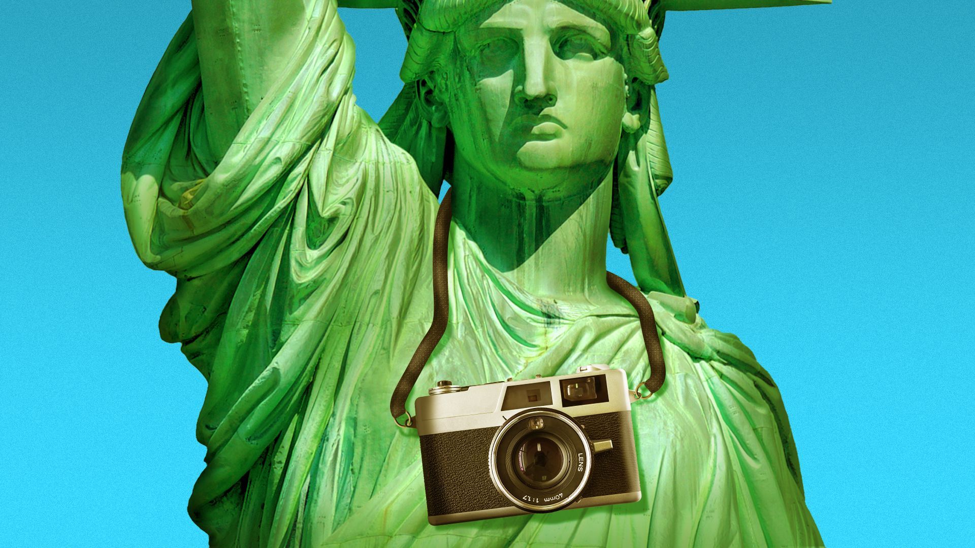 Illustration of the Statue of Liberty wearing a vintage camera around her neck.