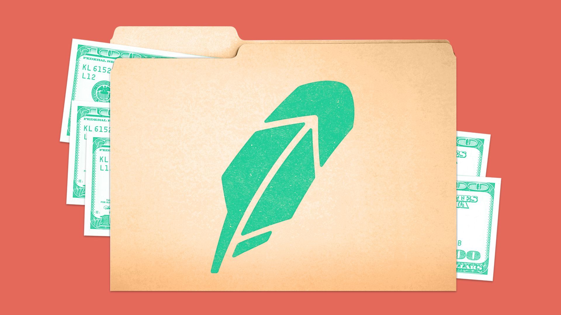 Illustration of a manila folder with the Robinhood logo on it, with hundred-dollar bills inside.