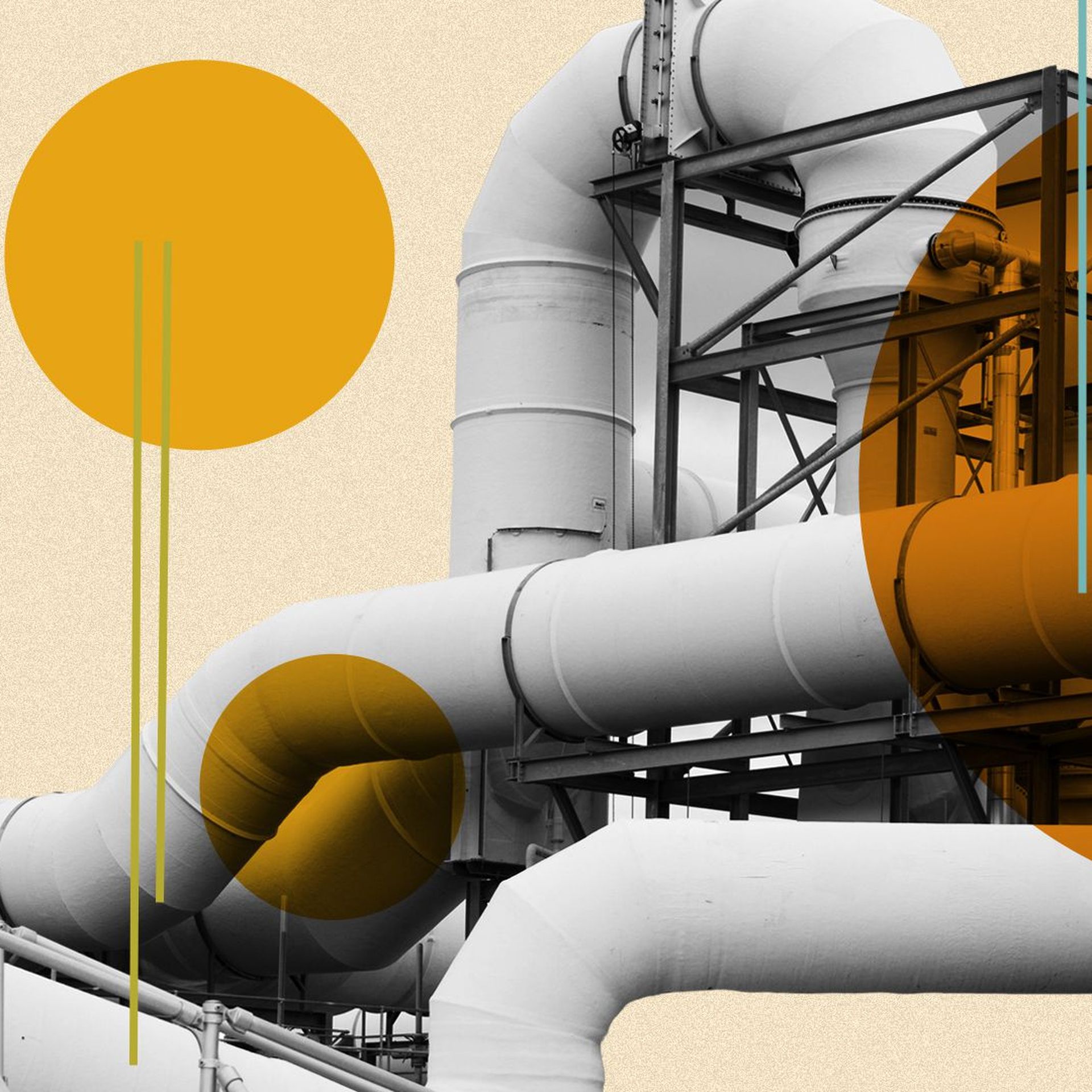Photo illustration of a pipeline with abstract shapes.