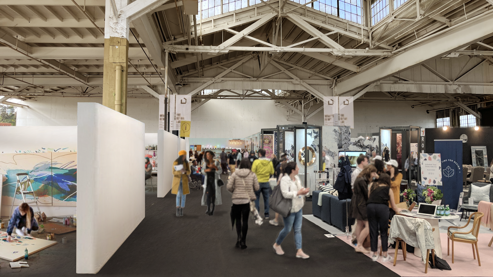 Concept rendering showing people walking around a large open space with artists and their exhibits