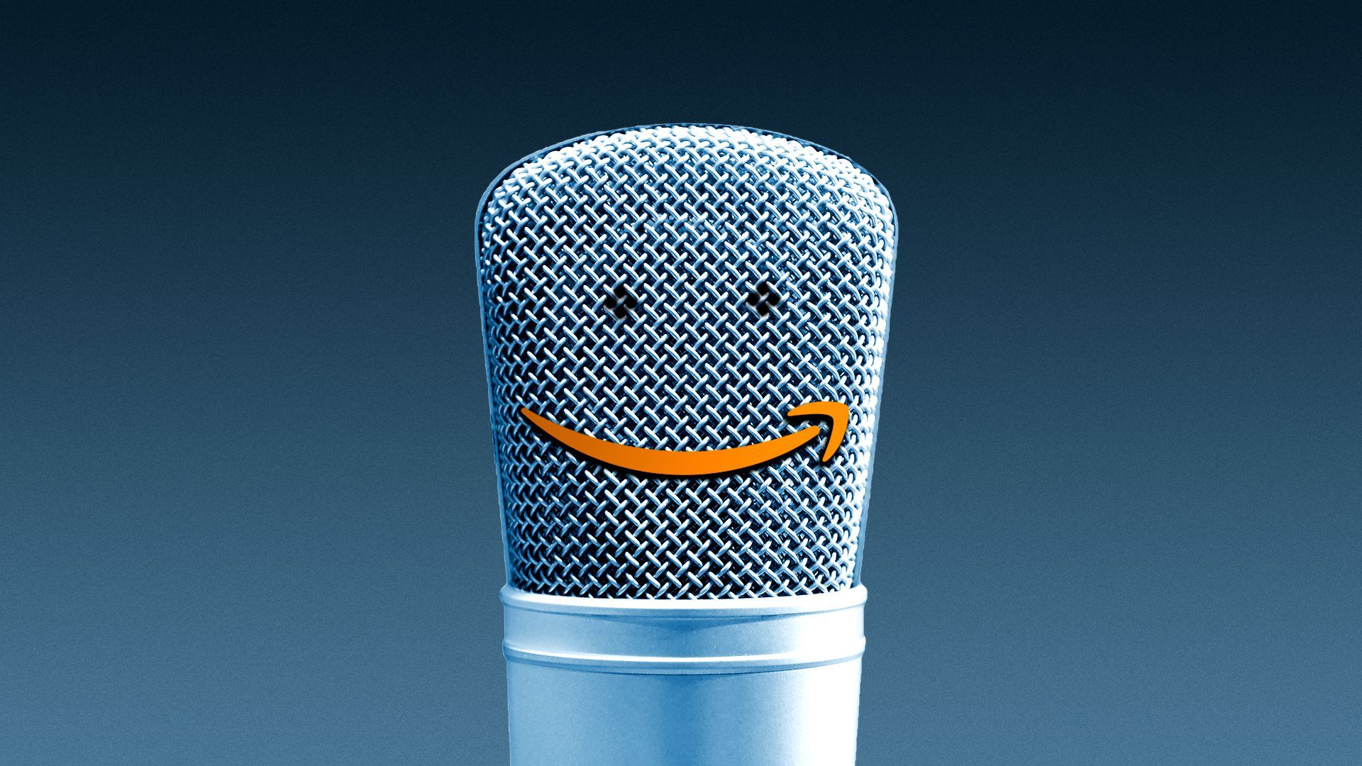 Illustration of a microphone with a smiley face made from the Amazon logo