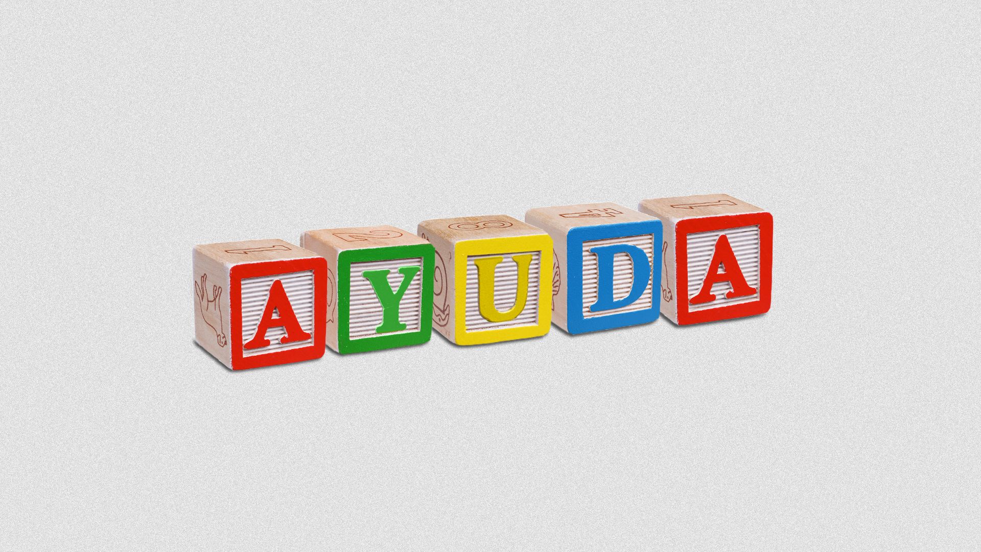 Illustration of children's toy blocks spelling out, "AYUDA".